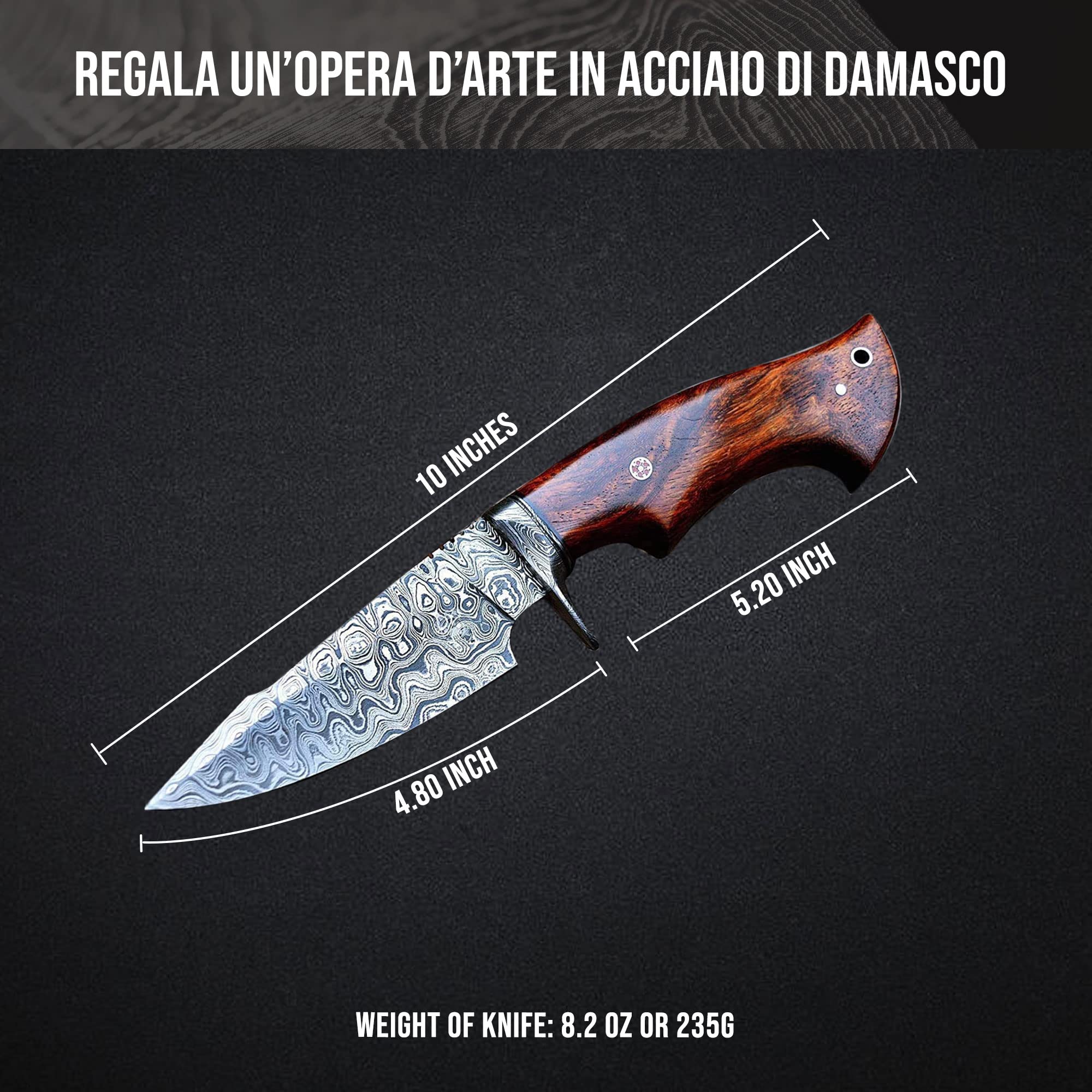 BIGCAT ROAR Predator Hunter - Coltello da Caccia in Acciaio Damasco Artigianale 25 4 cm - Manico in Legno di Noce e Fodero in Cuoio - Bushcraft Campeggio Sopravvivenza - Regalo Uomo Cacciatore