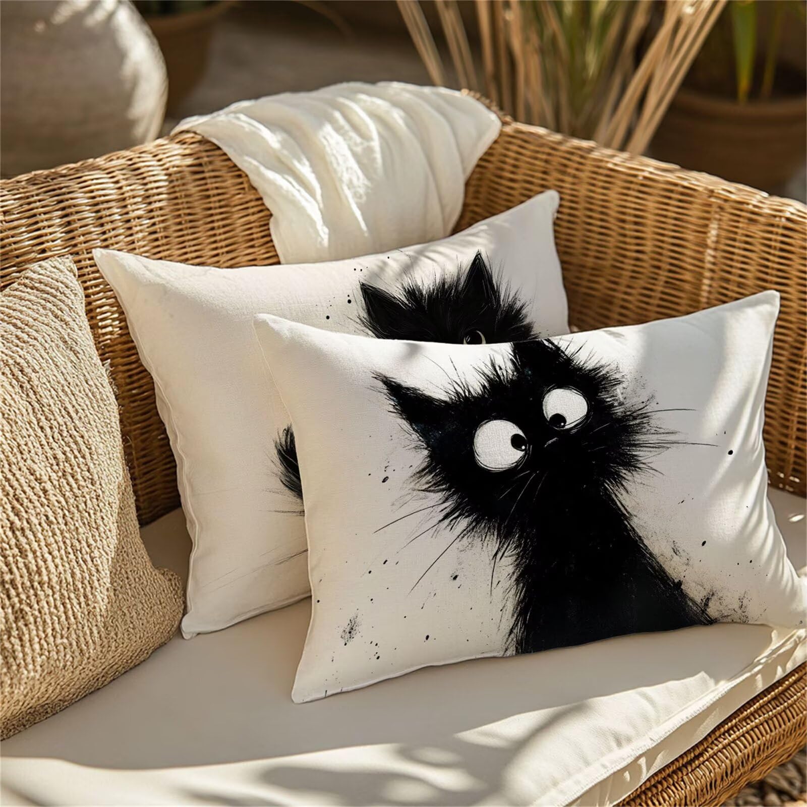 2er Set Katze Outdoor Kissen Schwarz Kissenbezug 80x100 cm Groß wasserdichte Leinen Dekokissen mit Unsichtbarer Reißverschluss, Wohndeko für Garten, Balkon, Outdoor/Indoor Sofa, Bank, Bett 1B-620