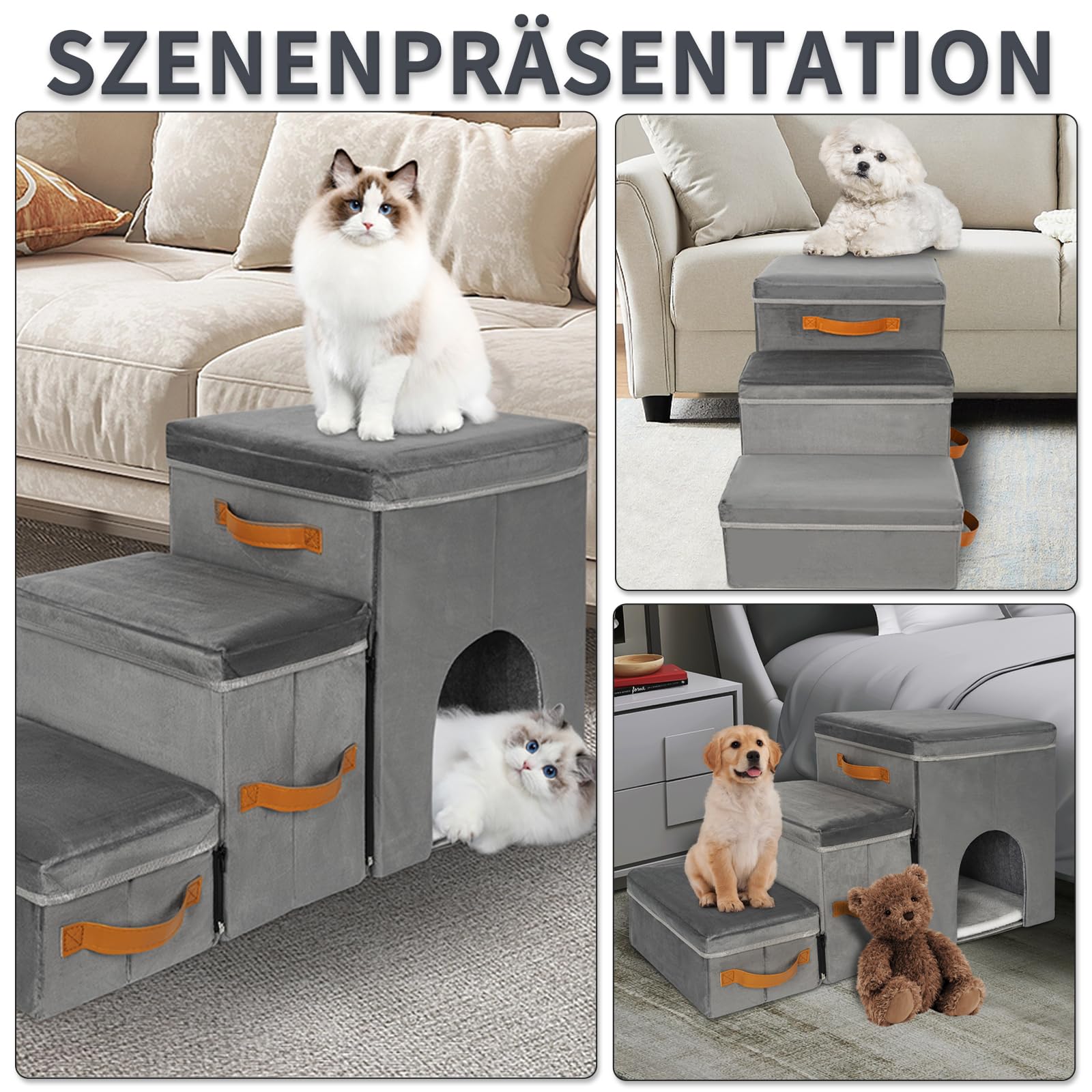 OUUTMEE Haustiertreppe 3 Stufen mit Zwingerdesign Hundetreppe Zusammenklappbar mit Stauraum,Kombinierte Verwendung Hundetreppe Bett für Betten,Sofas,Maximale Tragfähigkeit 30 kg