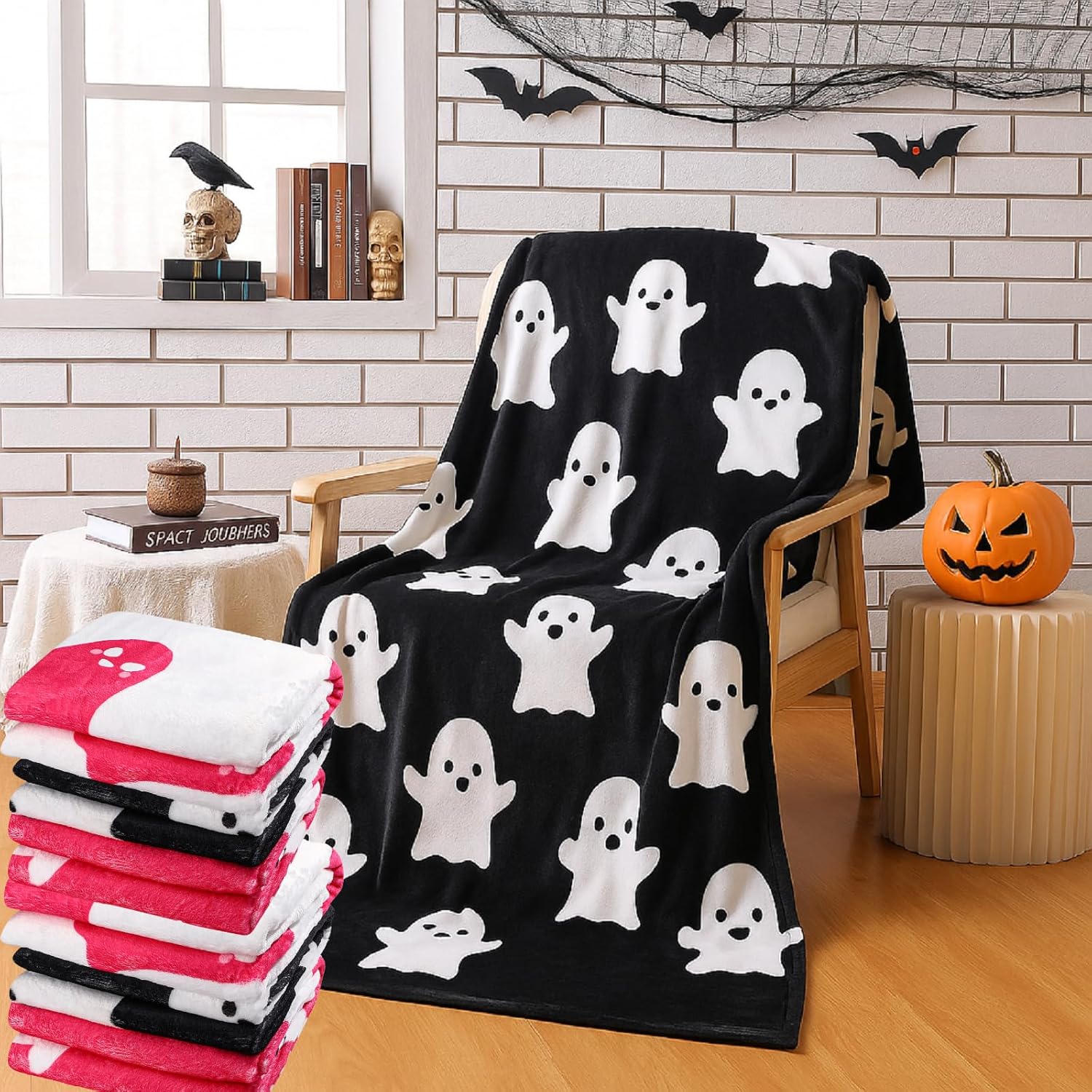 12 Pack Halloween Ghost Throw Blanket Bulk 59" x 40" Flannel Soft Cute Funny Spooky Blanket Girls Women Pink Plush Fuzzy Gifts for Kawaii Living Room Couch Bed Sofa Decor