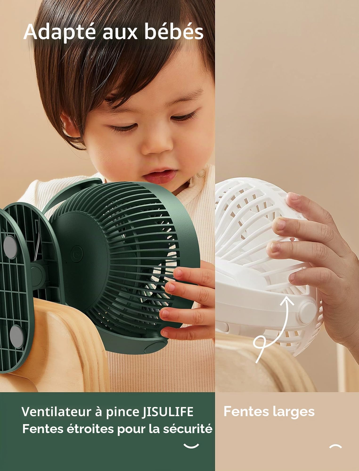 JISULIFE Mini Ventilateur à Pince, Petit Ventilateur USB avec Batterie Rechargeable de 4000mAh, 4 Vitesses, Max 14 Heures, Petit et Silencieux pour Lit, Bureau, Poussette - Vert Foncé
