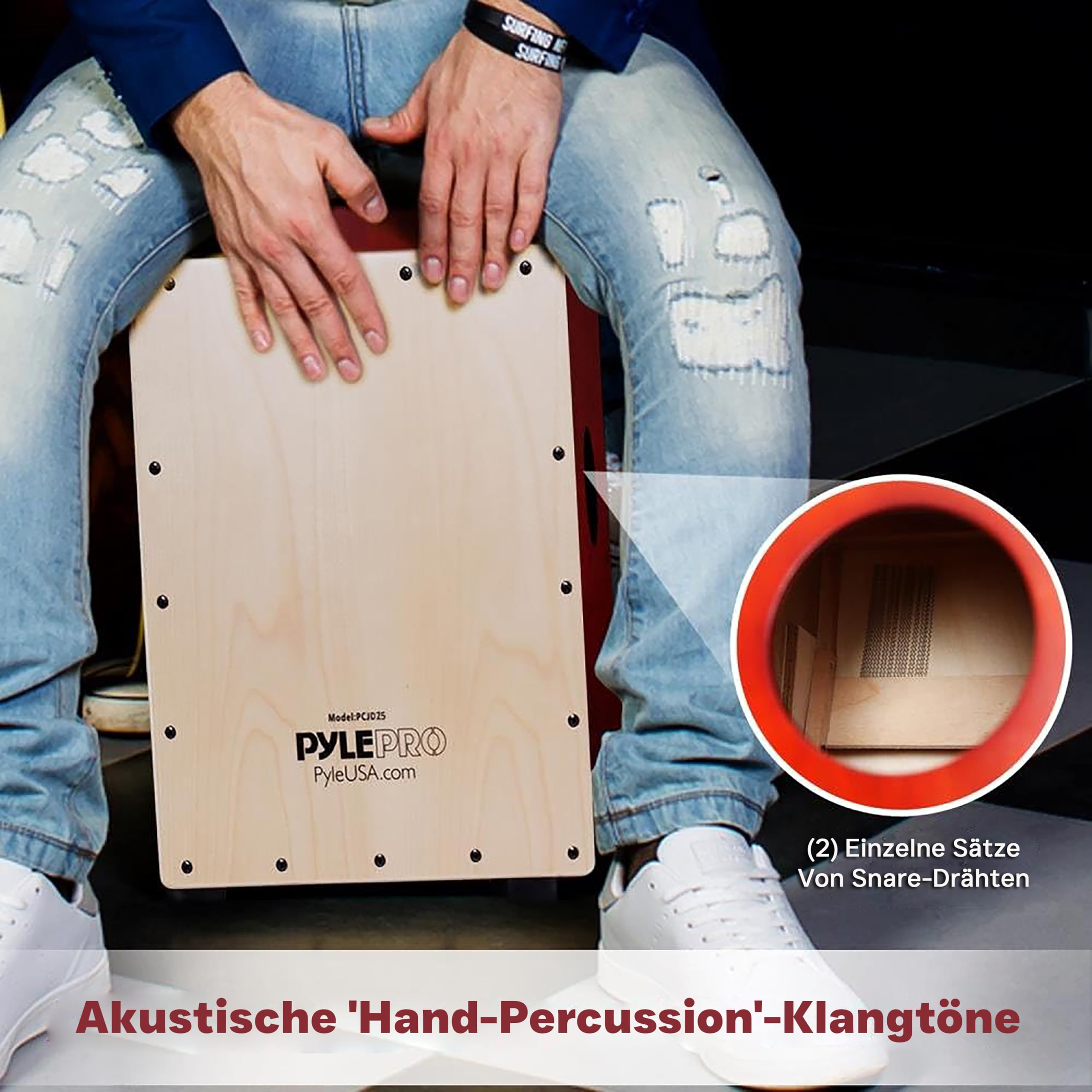 Pyle Cajon Instrument für Kinder & Erwachsene, Sitztrommel Instrumente handgemacht aus Holz (Birke), mit Snare, Trommel für Einsteiger & Profi, Schlagwerk mit abgerundeten Kanten, Rot