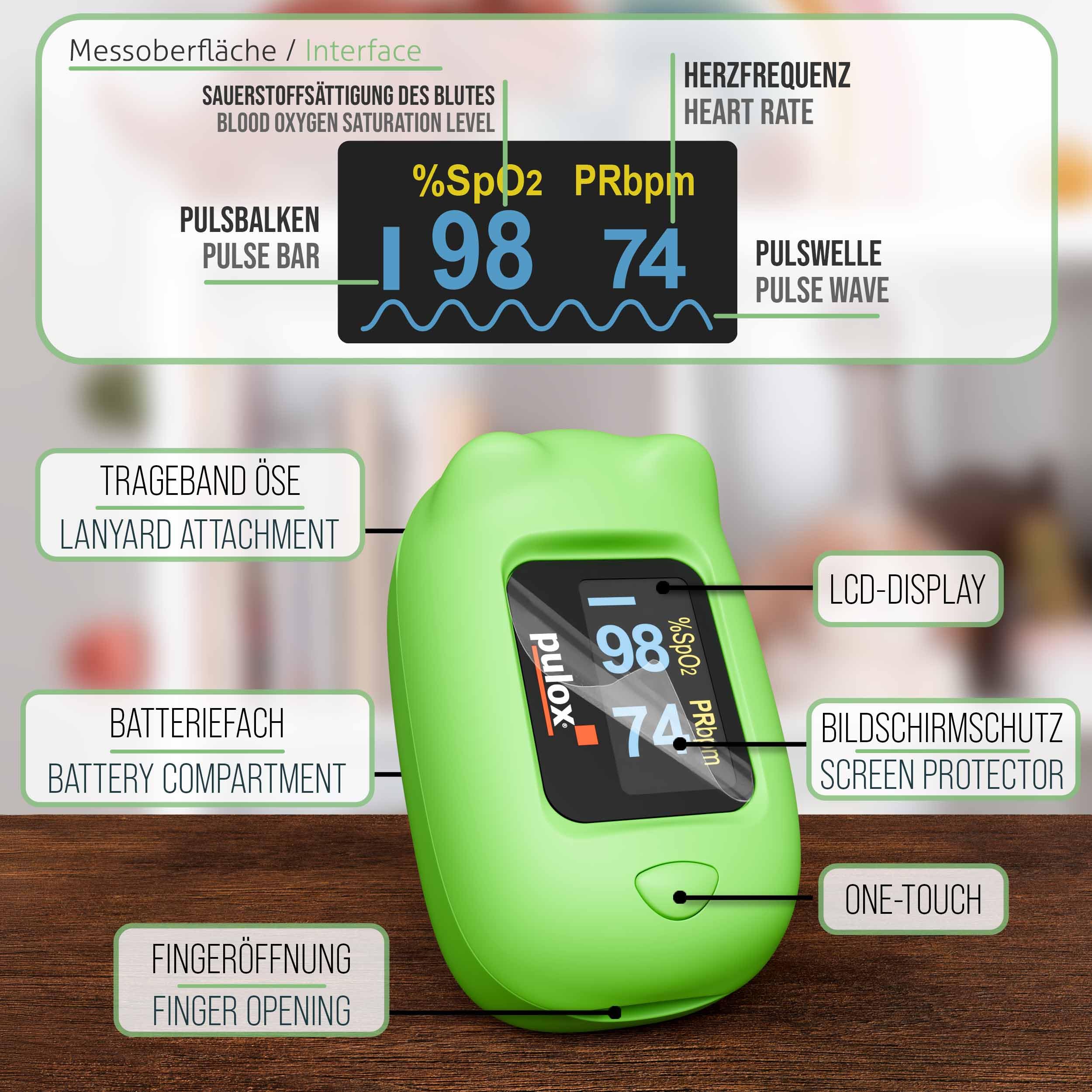 Pulox PO-230 Kinder Pulsoximeter Grün zur Messung von SpO2 und Puls | Misst Sauerstoffsättigung und Herzfrequenz in wenigen Sekunden, inklusive Sticker zum individuellen Bekleben und Gestalten