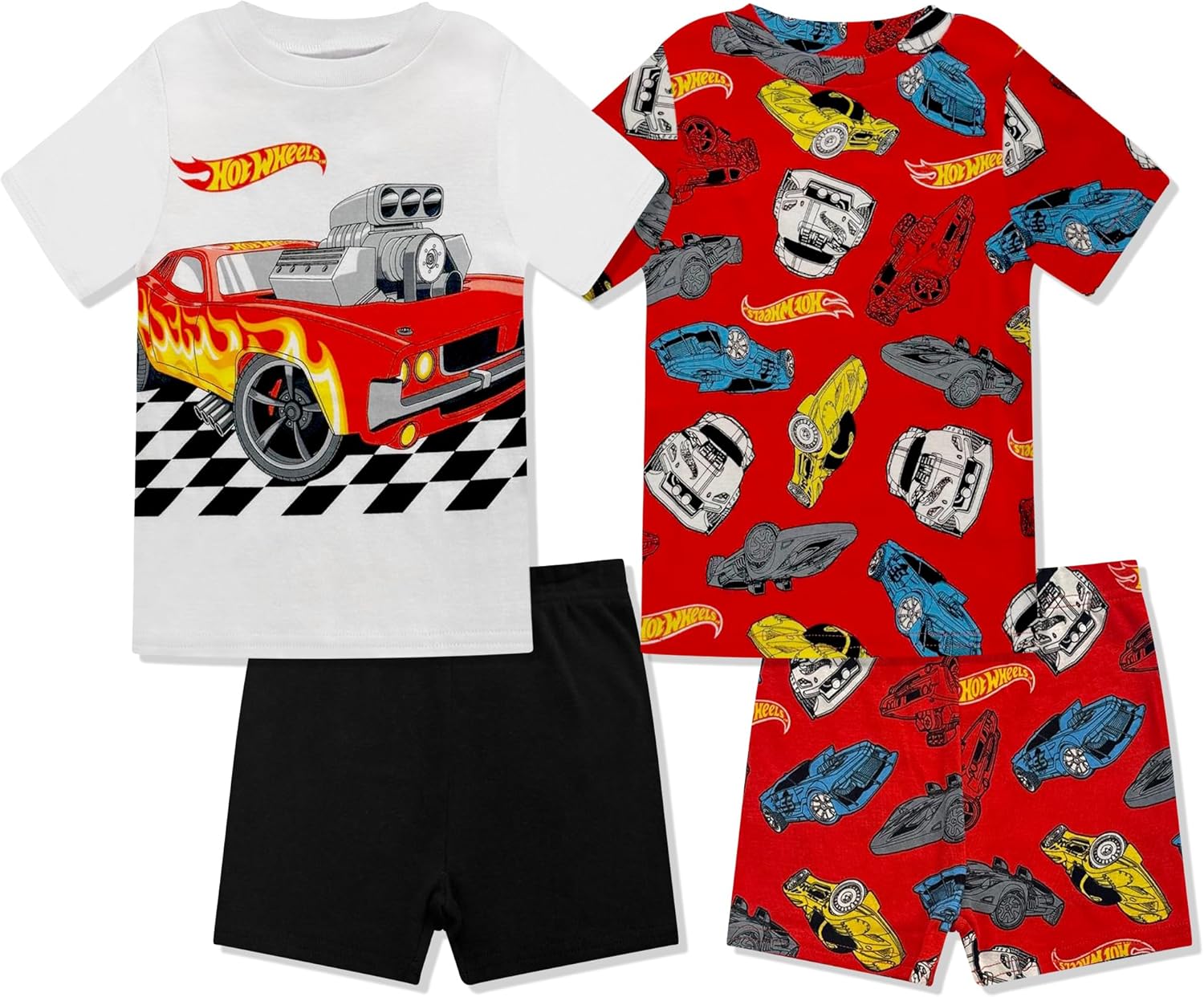 Hot Wheels Boys Pajama Set - 4 Piece Short Sleeve & Shorts Pajama Set - 100% Cotton Pjs, Snug-Fit Kids Summer Pajamas