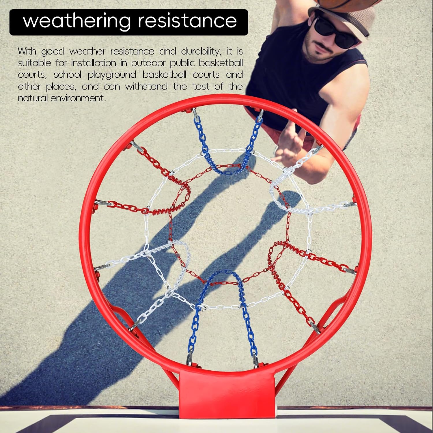 Basketball Net Replacement Heavy Duty, Carbon Steel Chain Basketball Net, Anti-Rust Use Indoor Outdoor Standard 12-Ring Basketball Hoop, Quick Installation,Blue&White