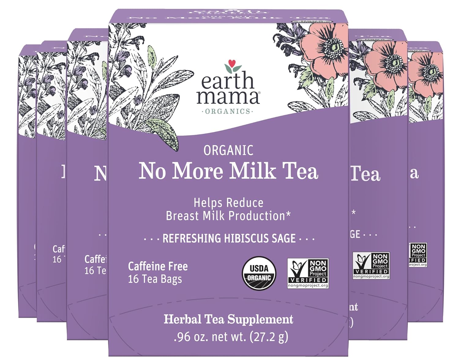 Earth Mama No More Milk Tea | Organic Herbal Tea Bags to Reduce Breast Milk Production, Stop Breastfeeding, & Wean Lactation Naturally, Postpartum Essentials, Hibiscus & Sage Decaf Tea (16-Count, 6PK)