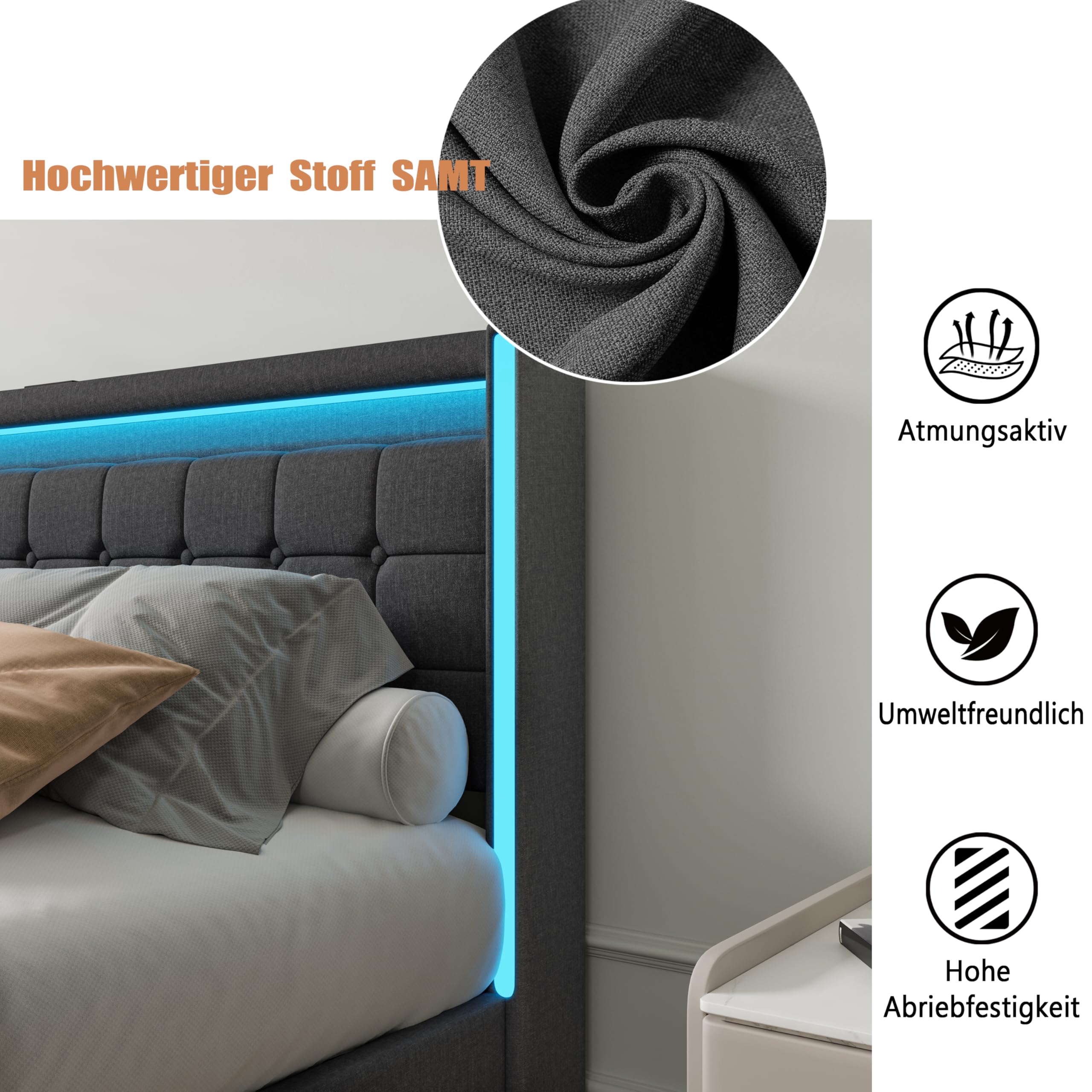 BRILVERDE Polsterbett 140x200 mit Stauraum, Doppelbett mit USB und LED, Jugendbett mit 4 Schubladen, Funktionsbett, Bettgestell mit Lattenrost, Linen (Grau, 140 x 200 cm)