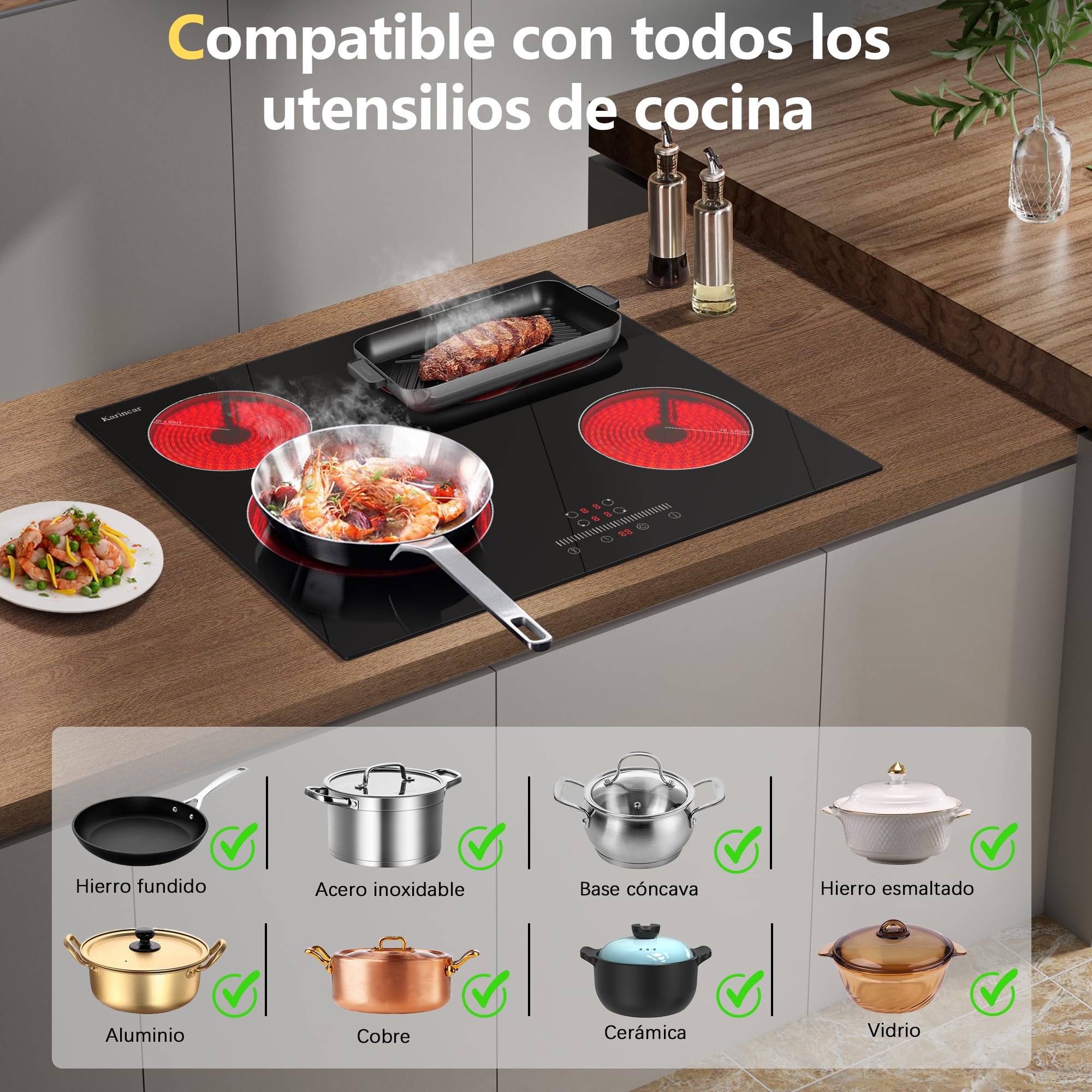 Karinear Placa vitroceramica 4 Fuegos 60cm, Área ampliable | Control Deslizante, Bloqueo de Seguridad, Temporizador de 99 minutos，Indicador de calor residual