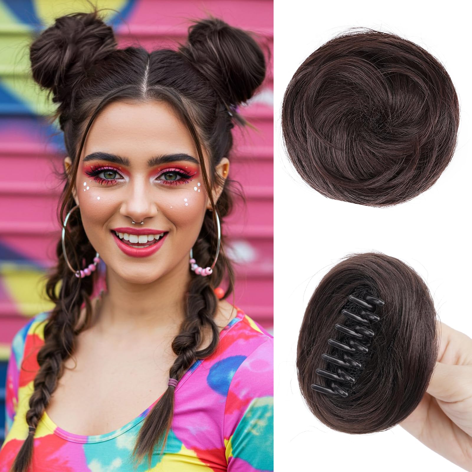 Foaoit Hair Buns Hair Pieces for Women, 2PCS Space Buns Extension Claw Clip on Bun Hair Piece Synthetic Fake Hair Bun Hairpieces for Women Kids Girls