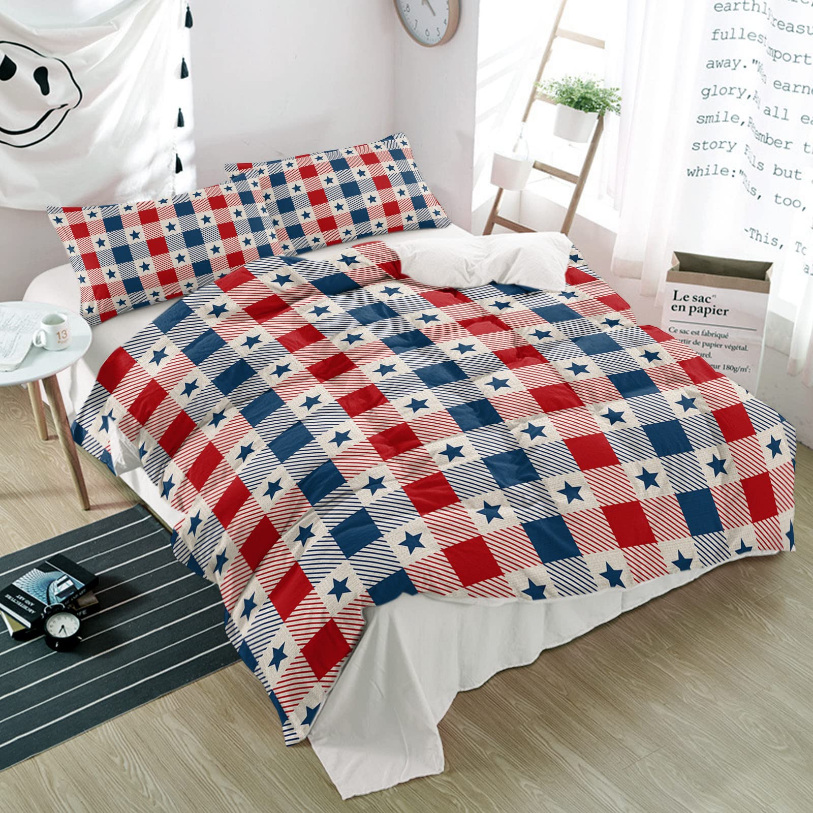 3 Piece Bedding Set Stars Red Blue Plaid Retro Linen US Flag 4th of July Breathable Duvet Cover