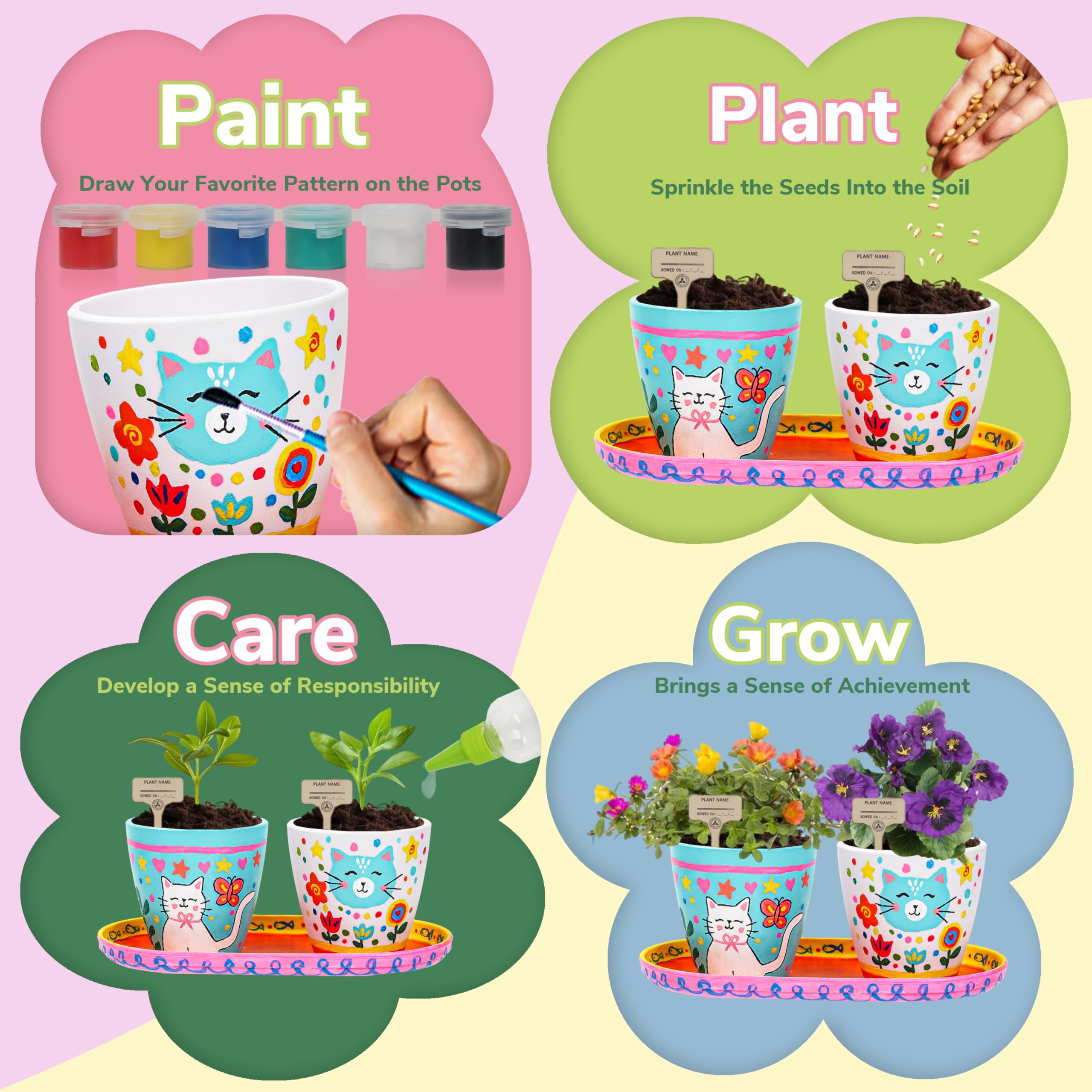 Kit de jardinería de flores de pintura y plantas con 4 macetas, juego de jardinería para niños de 8 a 12 años, kit de actividades de arte y manualidades de primavera, regalos educativos 4