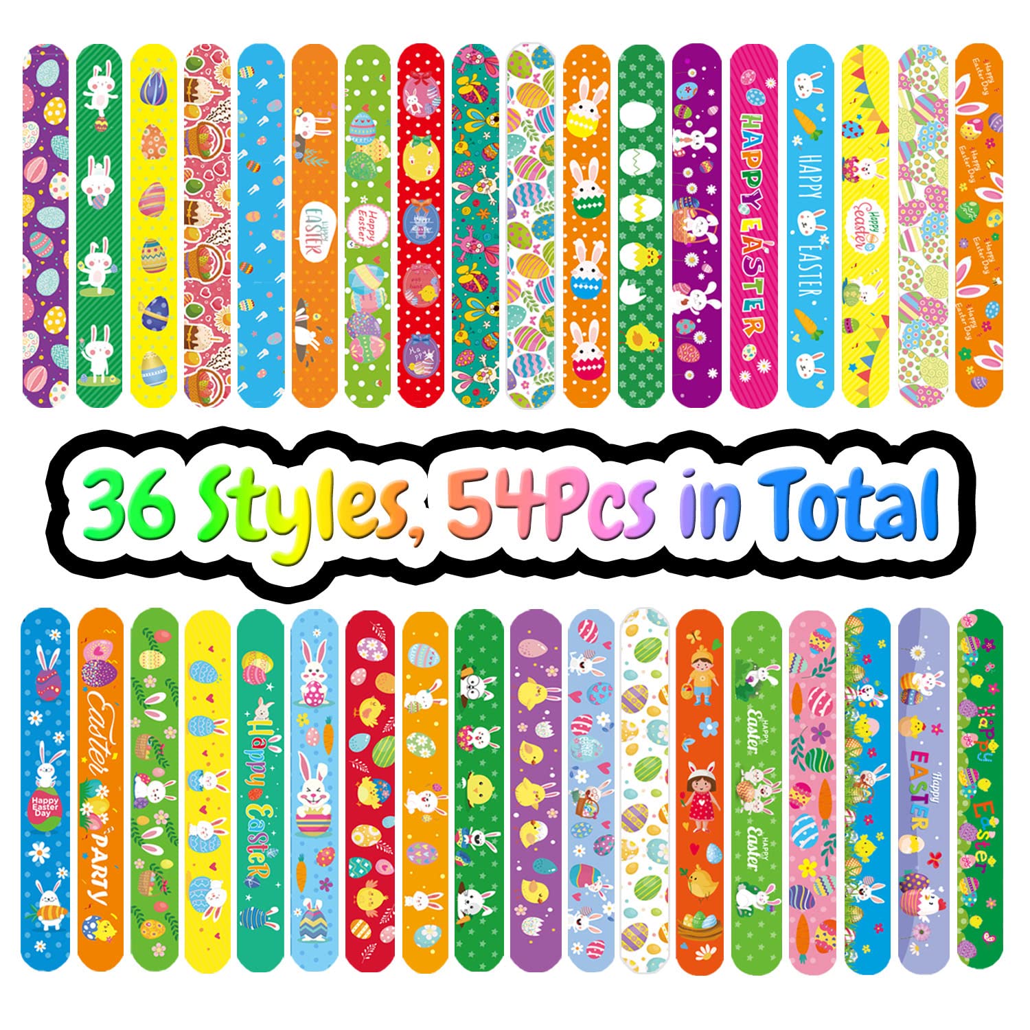 MEZHOBBY 54Pcs Easter Slap Bracelets, Easter Basket Stuffers, Easter Egg Fillers Gifts, Easter Egg Hunt Event, Party Favors , Classroom Prizes for Kids Teens Toddler, School Supplies