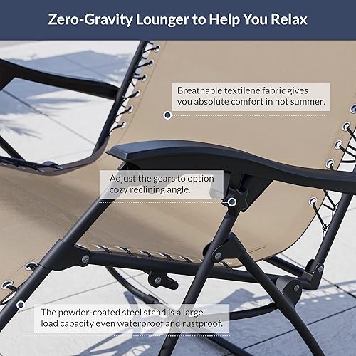 Miniatura 6 de BELLEZE Silla de salón acolchada de gravedad cero para patio, plegable, ajustable, reclinable, con soporte para tazas para patio al aire libre,