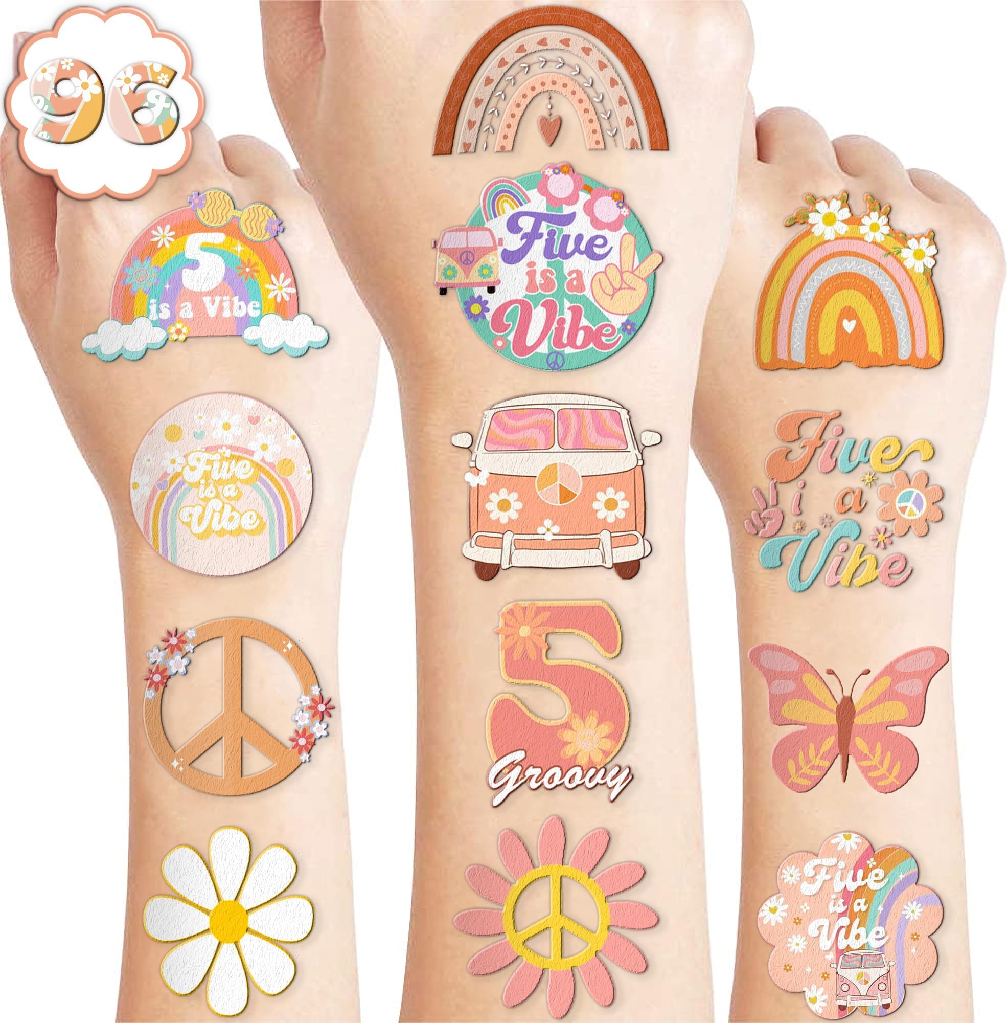 96 PCS Five Is A Vibe Pre-Cut Temporary Tattoos Themed 5th Birthday Party Decorations Favors Supplies Décor Groovy Retro Boho Rainbow Hippie Die Cut Tattoo Stickers Gifts For Game Boys Girls School