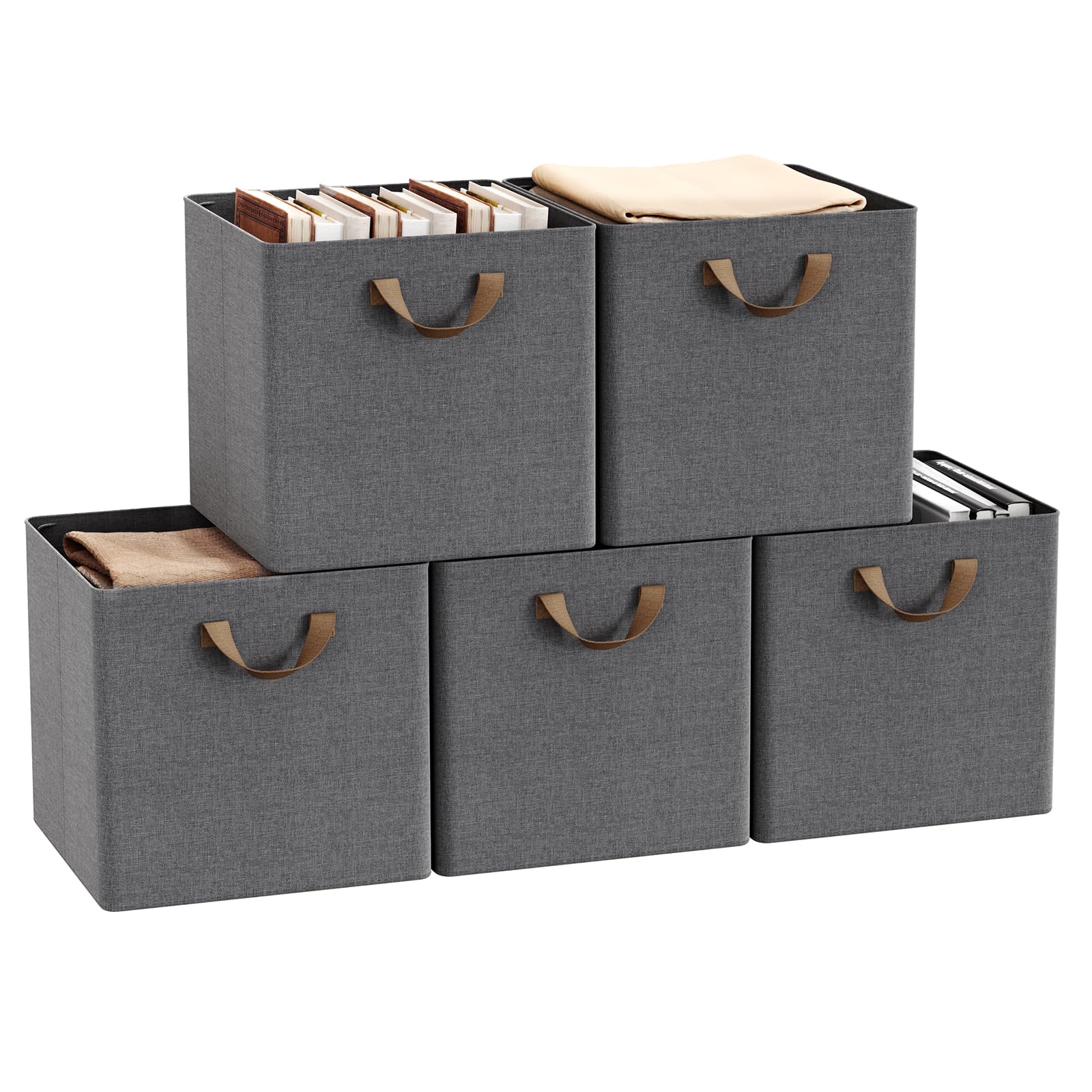 WOLTU Fabric Storage Boxes Set of 5, Collapsible Cube Baskets with Handles and Metal Frame, Wardrobe Organisers for Bedroom, Living Room, Study, Linen, Grey, 32.5x32.5x31cm