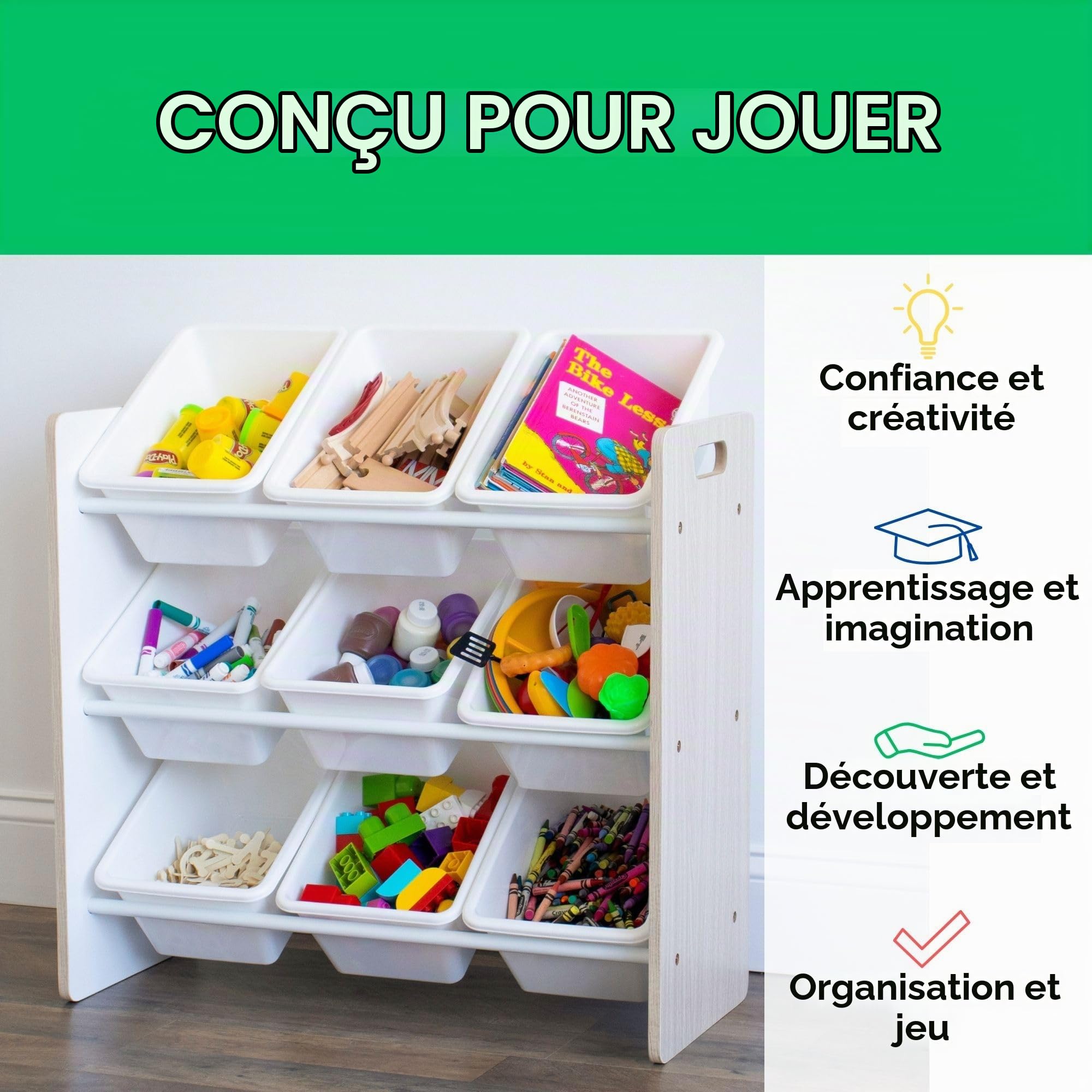 Humble Crew Étagère pour Enfants, Étagère et Organisateur de Jouets avec 9 boîtes de Rangement, chêne délavé/Blanc
