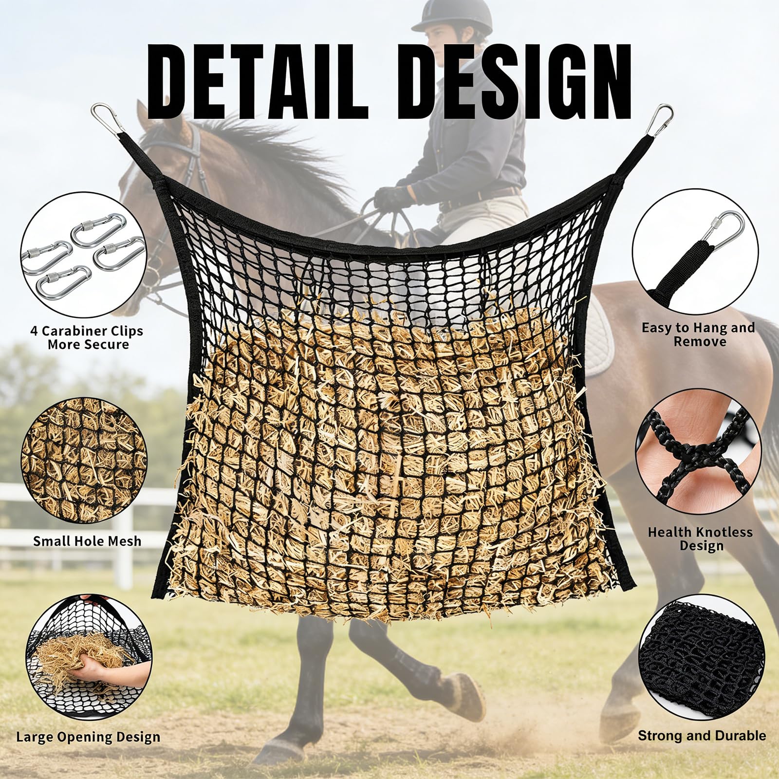 Heunetz für Pferde, langsames Füttern, 90 x 120 cm, robuster Heusack, Polyester-Netz mit Polypropylen-Kanten, idealer Futterspender für Pferde, Ponys, Ziegen, Schafe und Esel, perfekt für Anhänger
