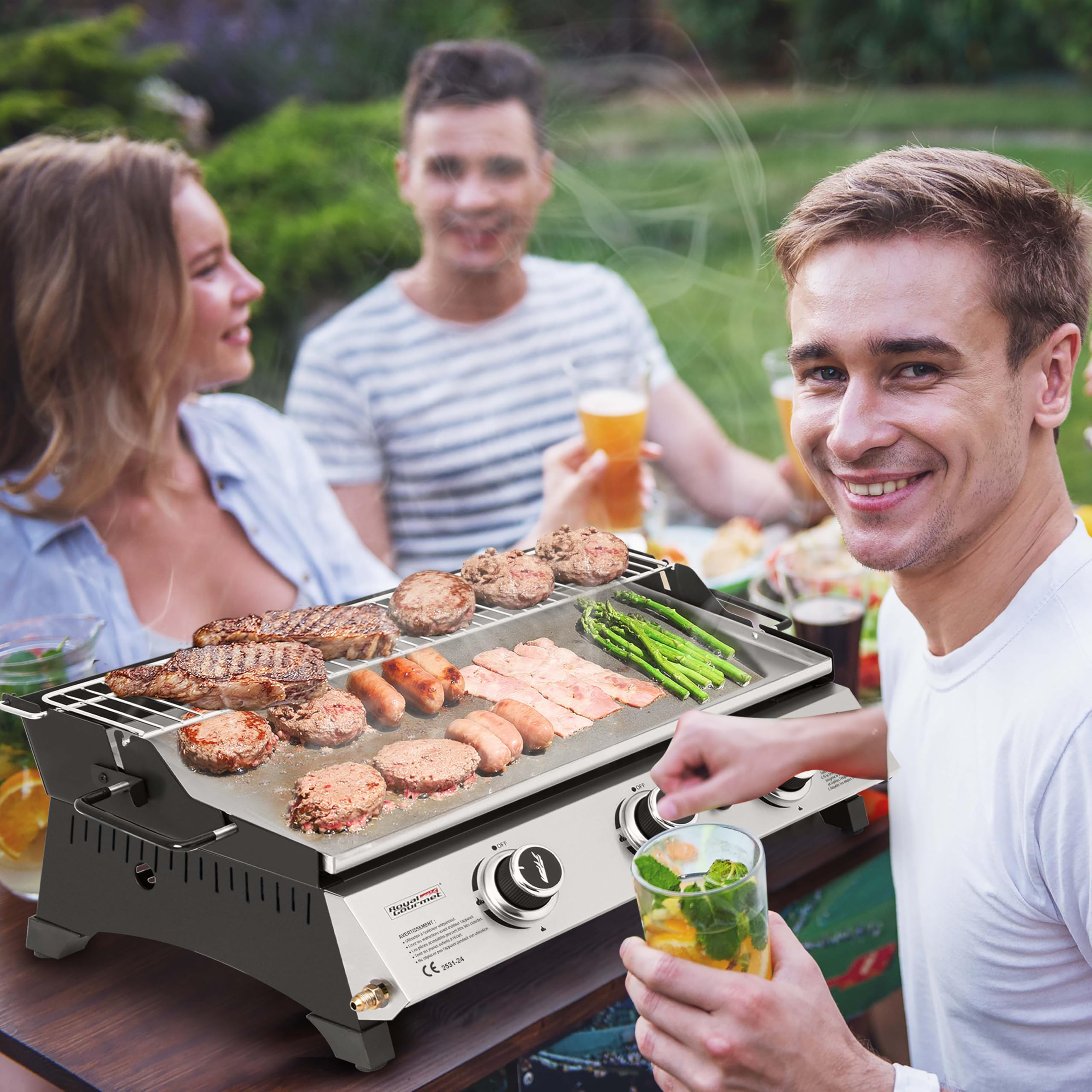 Royal Gourmet Plancha Gaz Propane en Acier Inoxydable, 3 Brûleurs Puissance 7.5kW, Surface Cuisson 61,5 x 32cm avec Grille de Réchauffage, Adapté pour Le Camping et l' Extérieur, Argent