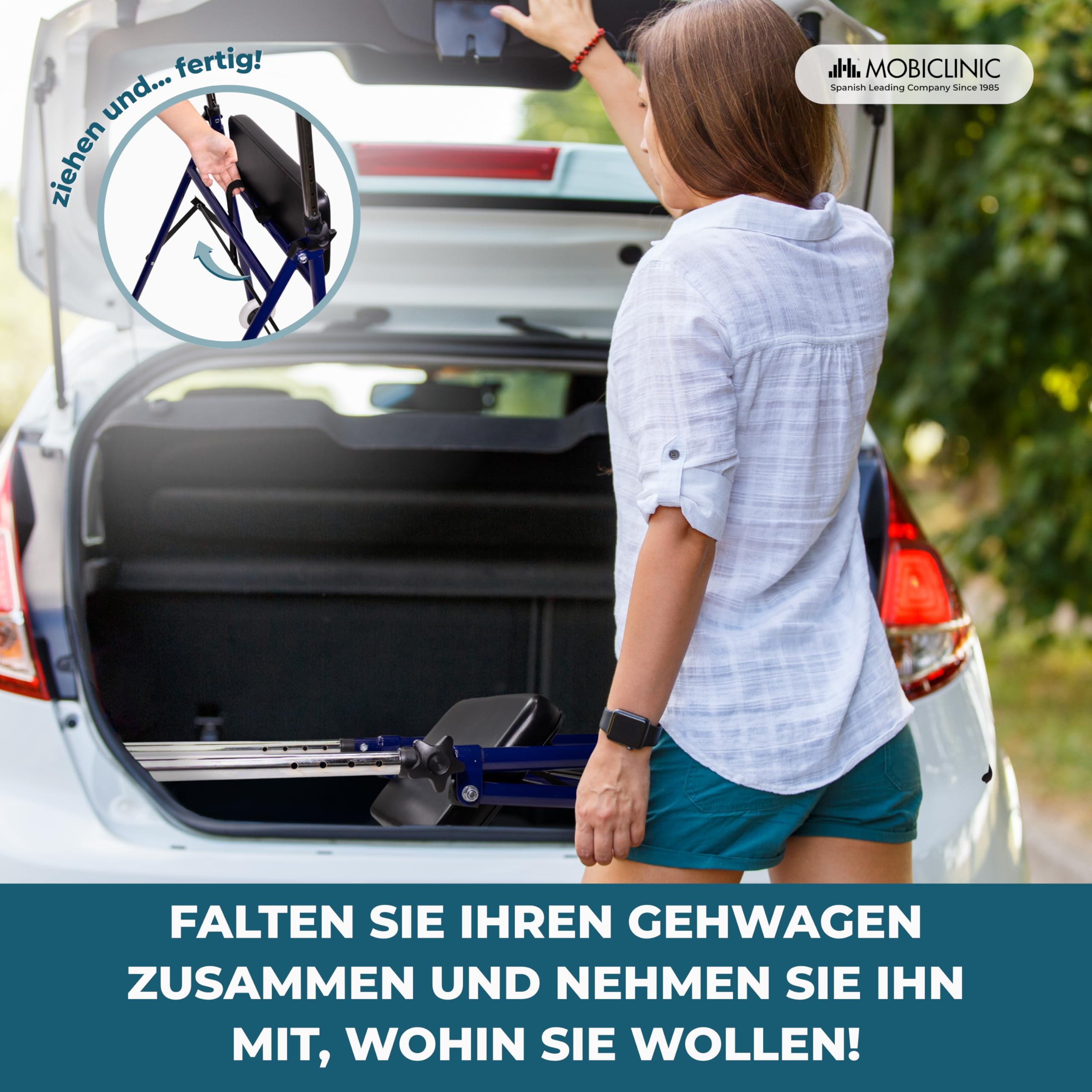 Mobiclinic®, Gehbock mit Rollen Klappbar, Höhenverstellbar, Faltbar und Leicht, Emérita, Gepolstertem Sitz, 2 Räder, Stabil, Max. 100 Kg, Ergonomische Griffe, Stahl, Blau