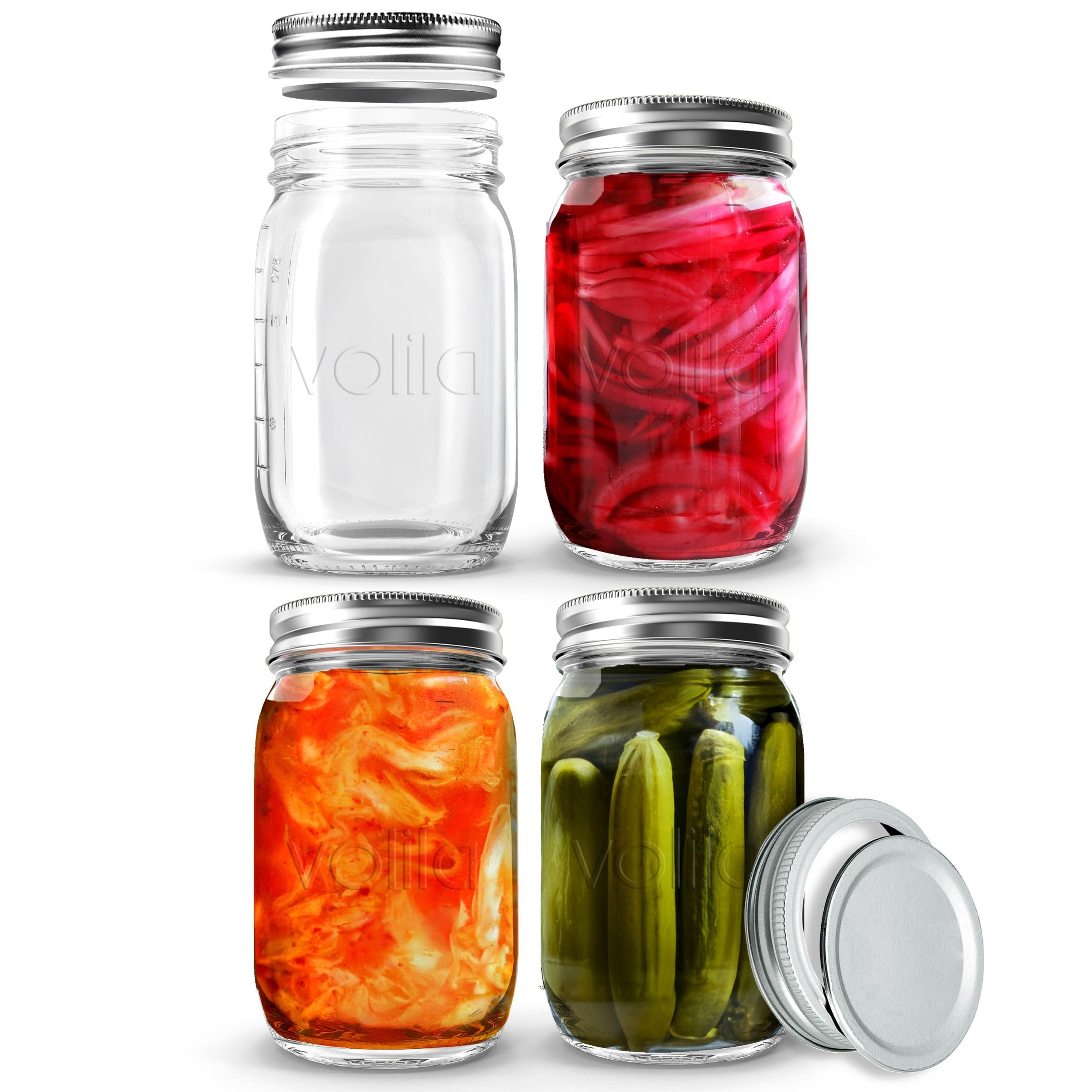 volila Mason Jars with Lids - 4 Pack 490ml Leakproof Glass Jars with Lids for Airtight Seal - Round Mason Jar with Silver 2-Part Lid for Salad, Food Storage, Overnight Oats, Pickling, and Canning