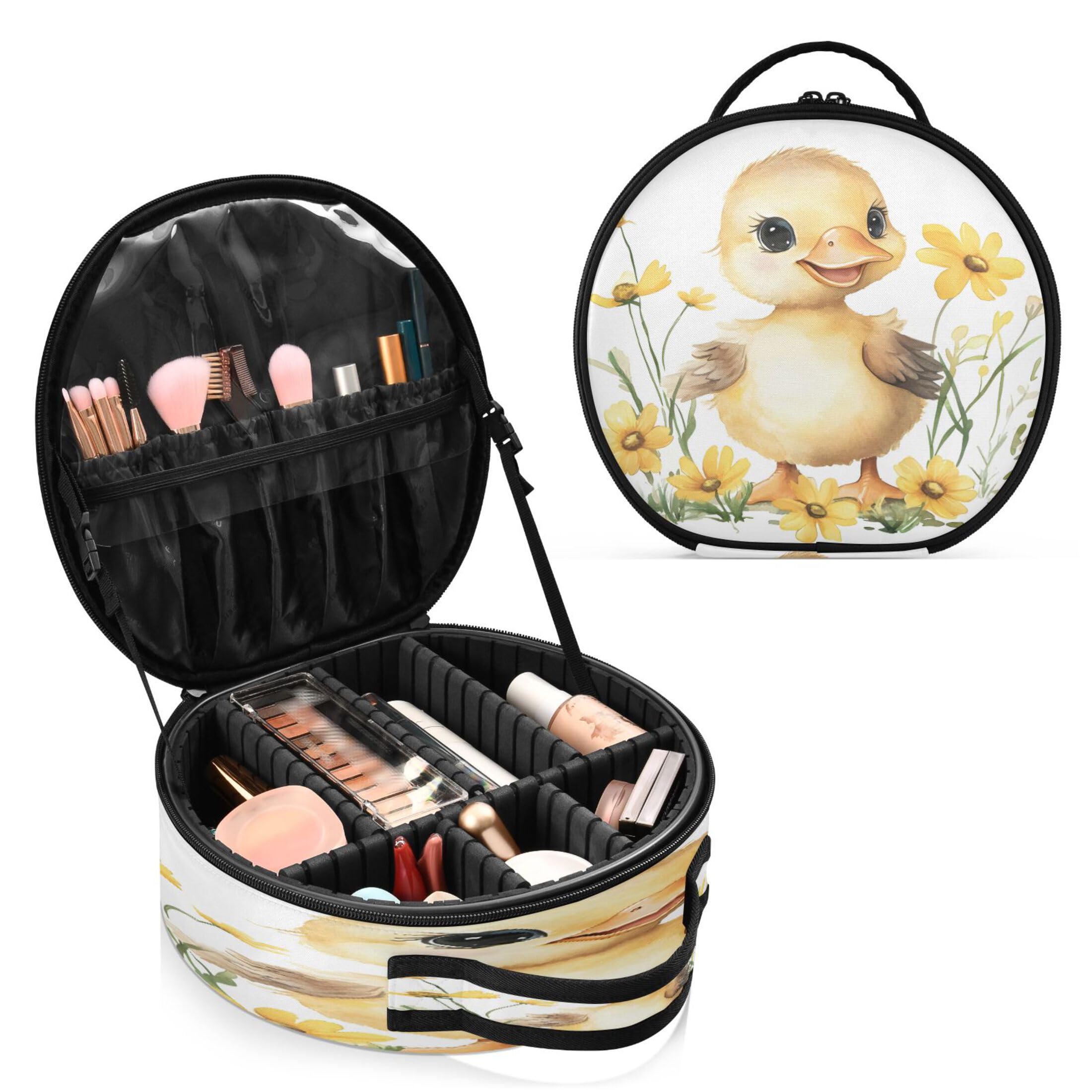 Takiito Watercolor Cute Duck Flower Travel Makeup Case Portable Makeup Box Artist Cosmetic Case Organizer With Adjustable Dividers