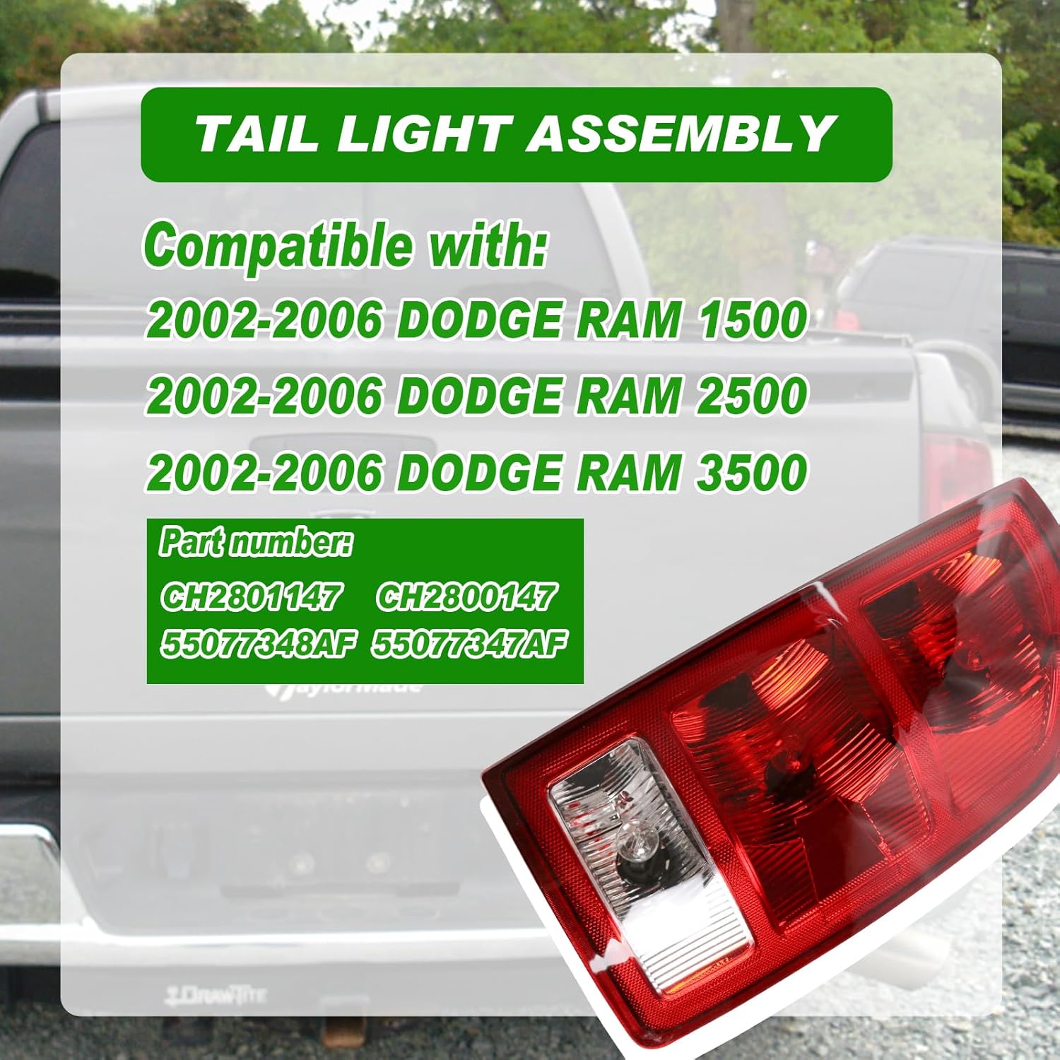 tail lights compatible with 2002-2006 dodge ram 1500 2500 3500 driver and passenger side taillights replace ch2801147 ch2800147 55077348af 55077347af
