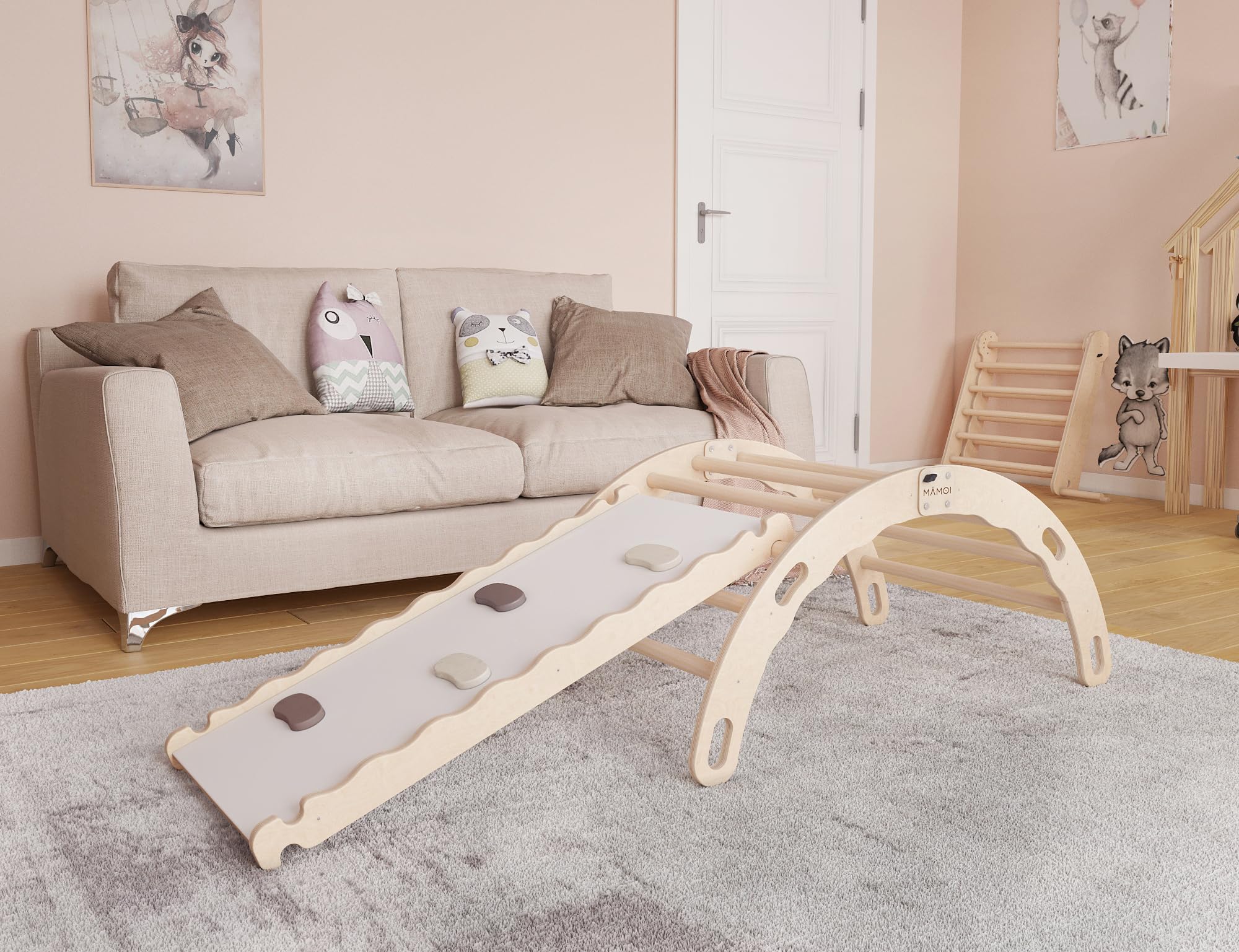 MAMOI Triángulo De Escalada De Madera Natural – Con Tobogán Y Tabla Curva 2 En 1