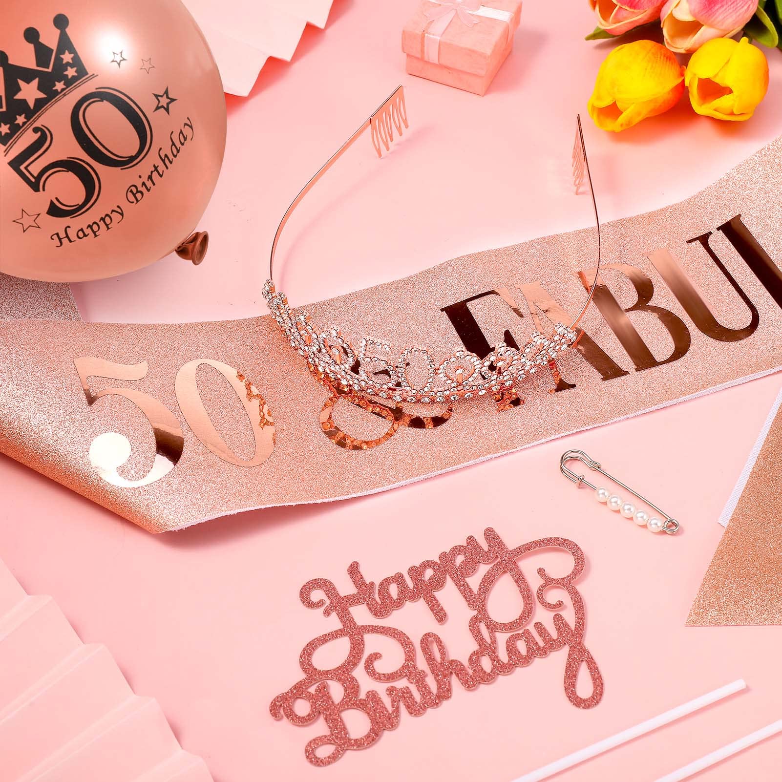 Kit 50&deg; Compleanno Donna - Corona, Fusciacca E Palloncini Oro Rosa - Decorazioni Festa