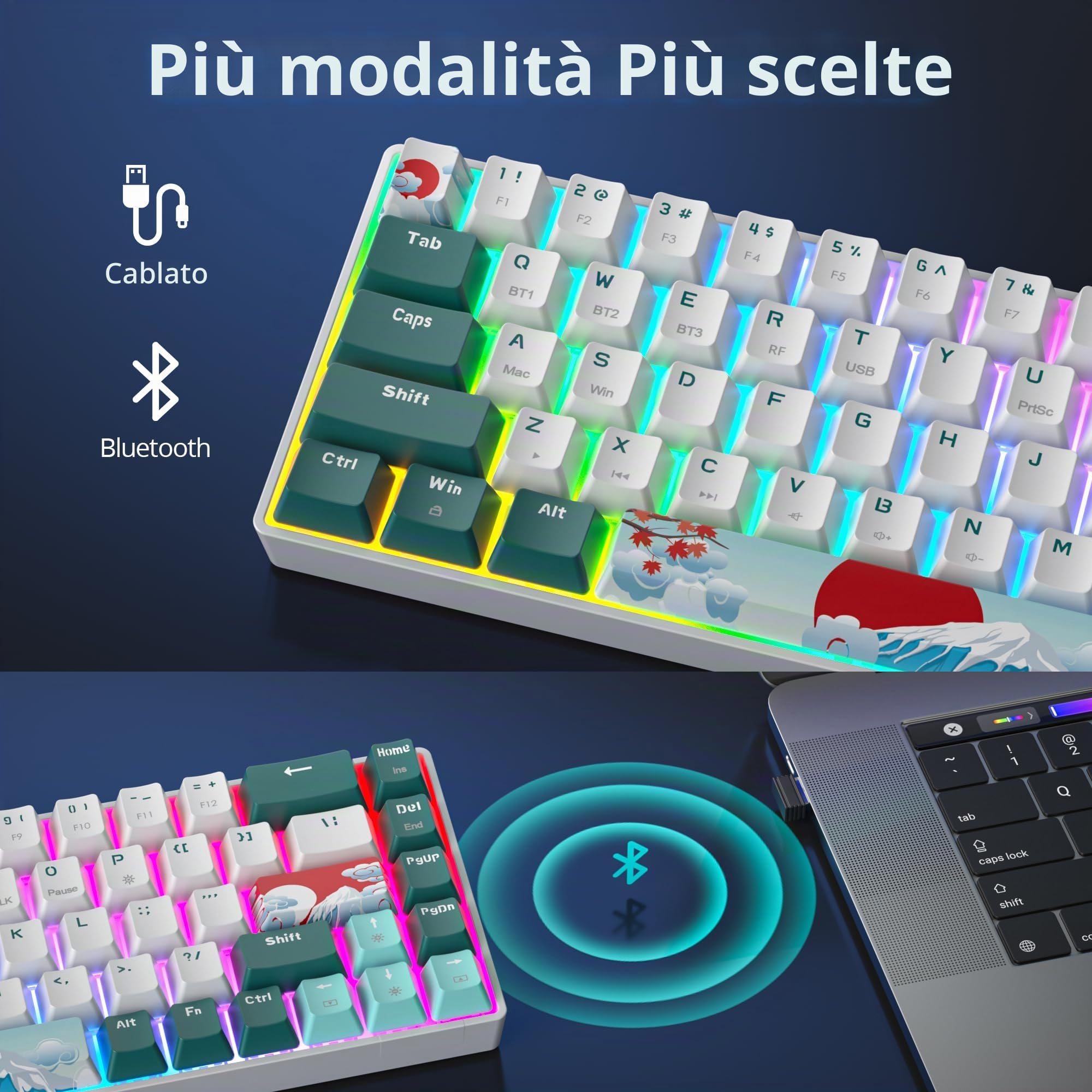 Tastiera Wireless Gaming,65% Tastiera Meccanica Senza Fili-American QWERTY Layout,2.4Ghz/Bluetooth/Type-C Anti-Ghosting, Retroilluminazione RGB per PC