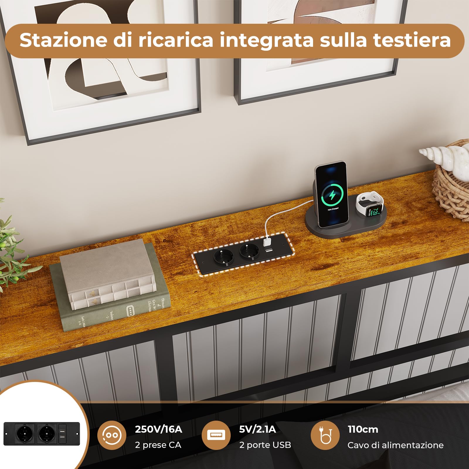 Brinlawb Struttura Letto Matrimoniale 180x200 cm con Luce LED e Stazione di Ricarica (2 Prese CA, 2 Porte USB) Struttura Letto 180x200 cm con struttura in metallo, Forte e stabile, Facile da montare