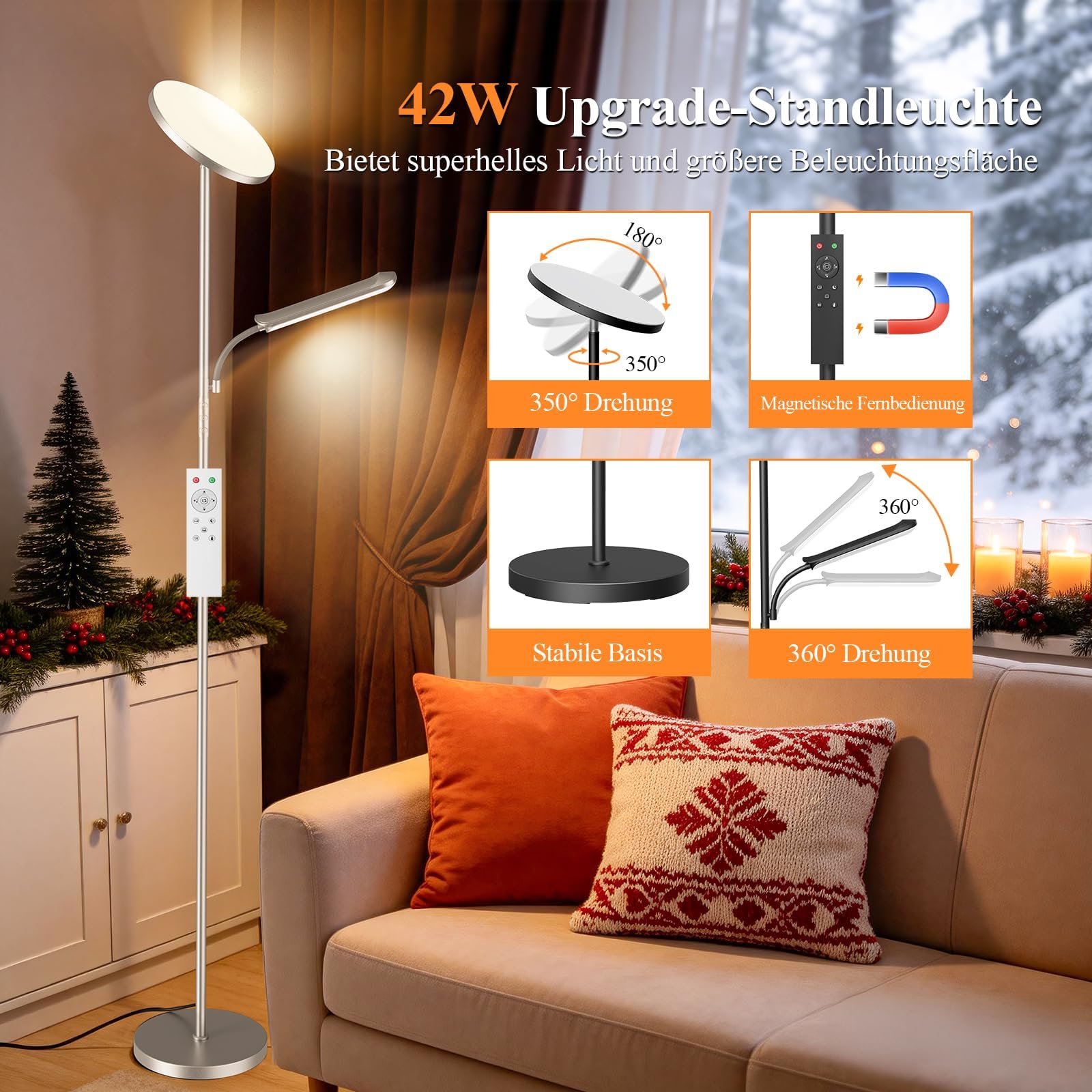 Lampa podłogowa LED z możliwością ściemniania, 42 W/4000 lm, lampa stojąca, salon z czytnikiem, lampa z 2700-6500 K. Bezstopniowa ściemnialność, pilot zdalnego sterowania i sterowanie dotykowe