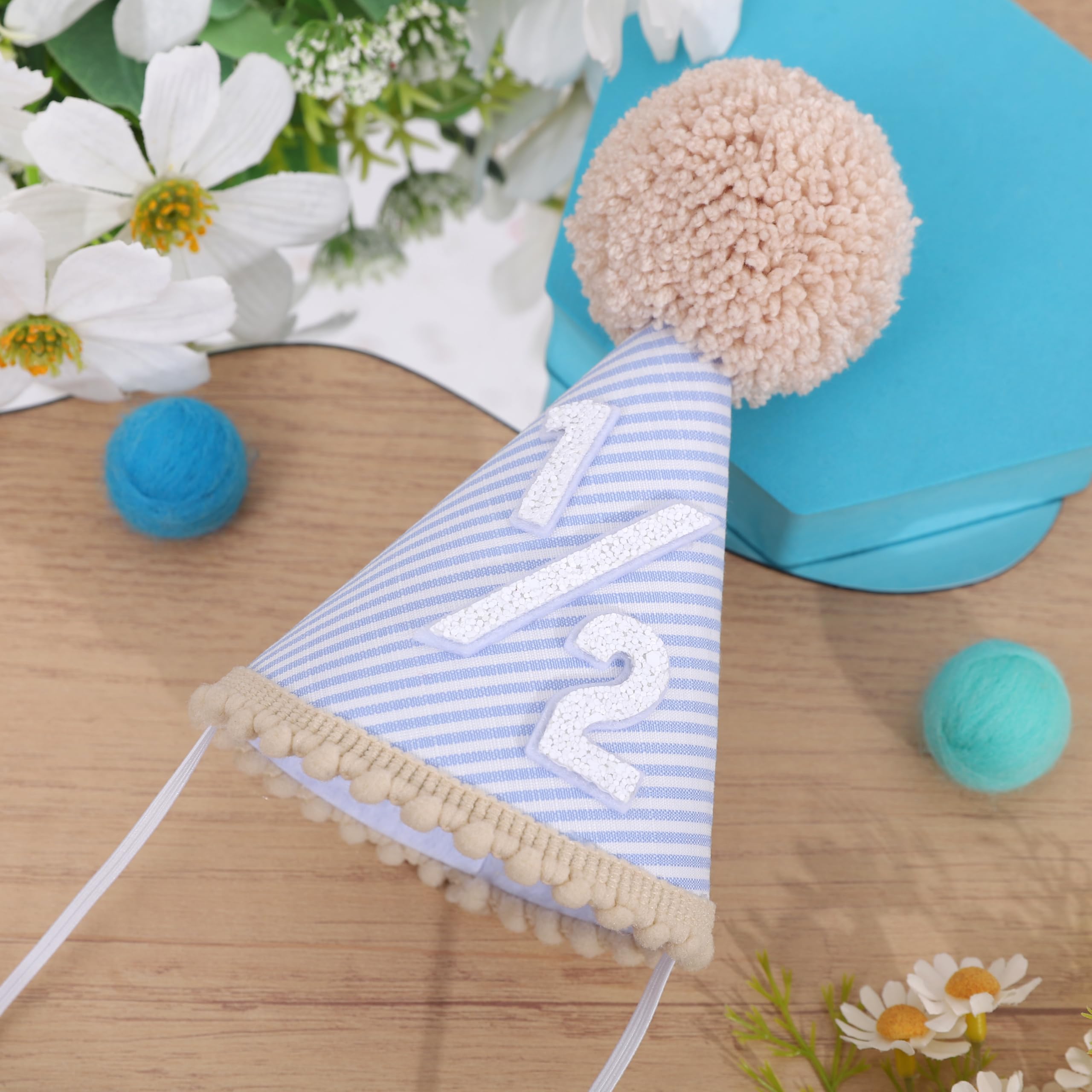 Sombrero de medio cumpleaños para niños, corona de 1/2 cumpleaños, decoraciones de fiesta de seis meses, medio sombrero de rayas azules bohemias