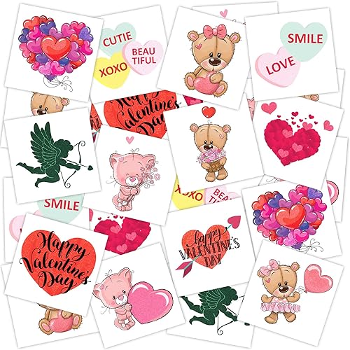 ArtCreativity Tatuajes con purpurina de San Valentín para niños, paquete de 144, tatuajes temporales para fiestas del día de San Valentín en 12