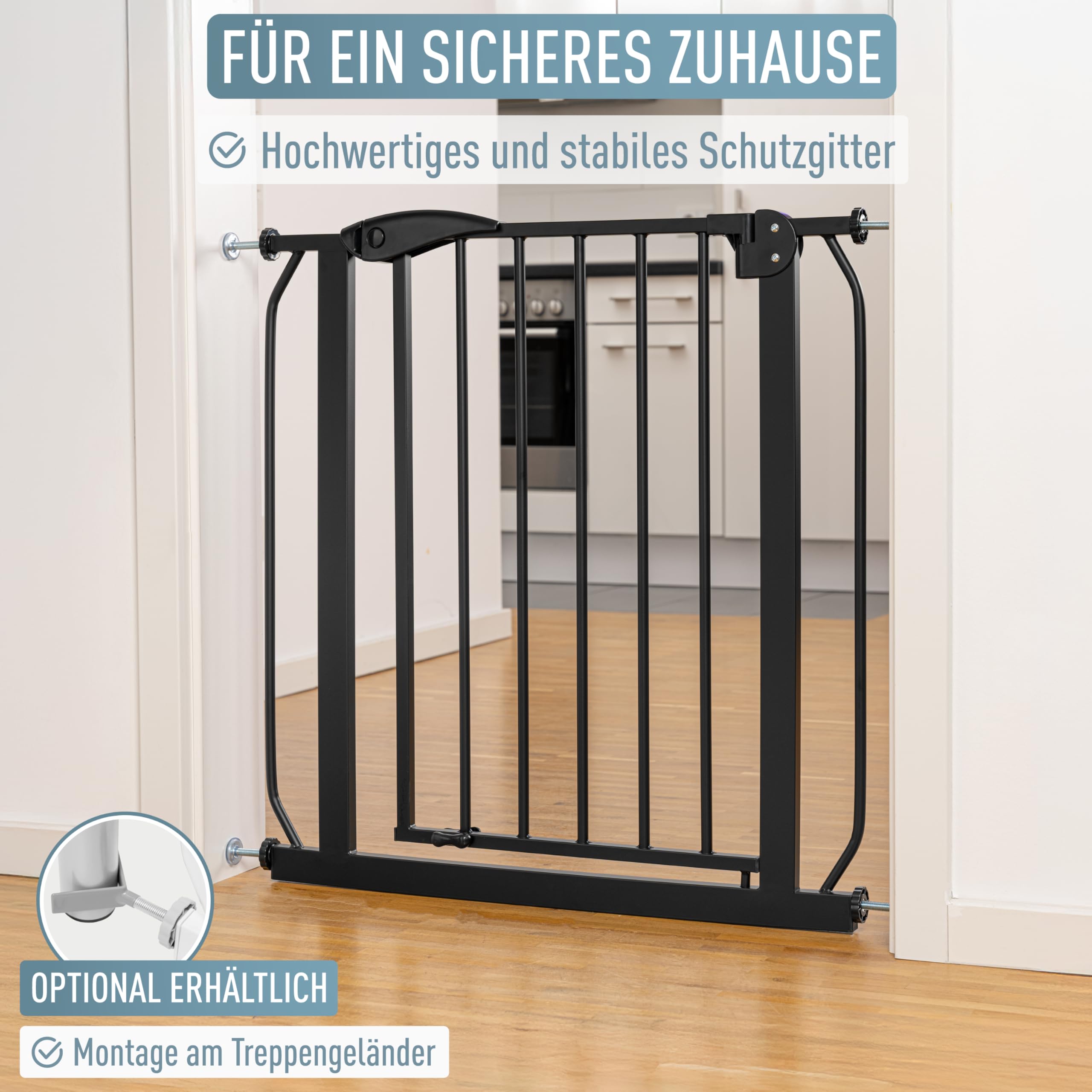 ib style Berrin XXL Treppenschutzgitter 85-185cm, Ohne Bohren, Türgitter Baby, Türschutzgitter Hund, Schwarz, 85-95 cm