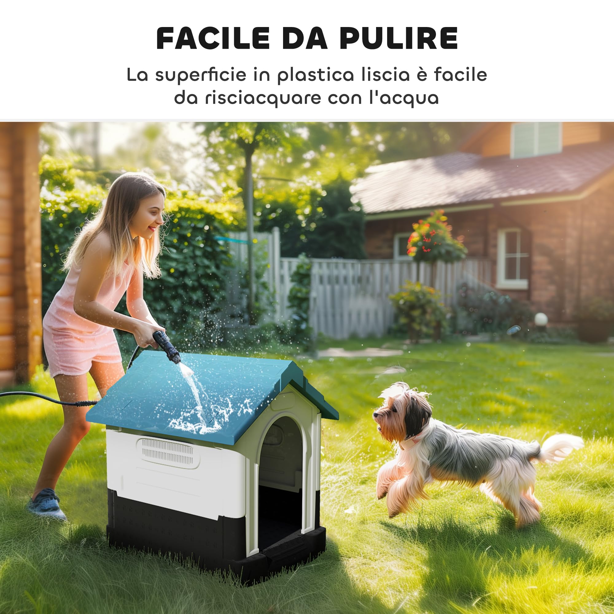 PawHut Cuccia per Cani da Esterno in Plastica, Casetta per Cani Piccoli e Mini con Finestre, Tetto Spiovente e Base Rialzata, 64.5x57x66 cm, Blu