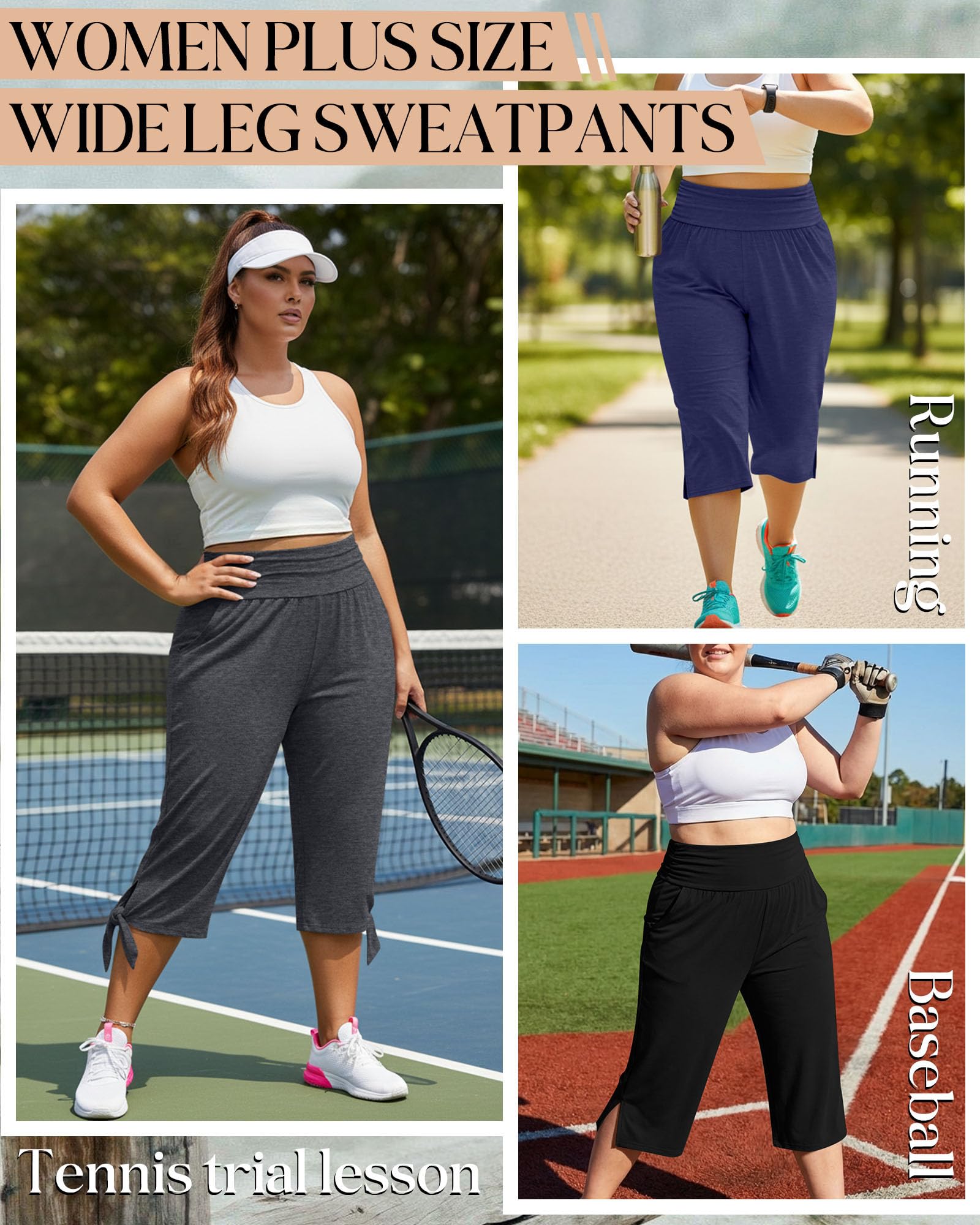 Neer Lot de 3 pantalons capri en coton taille haute pour femme avec poches