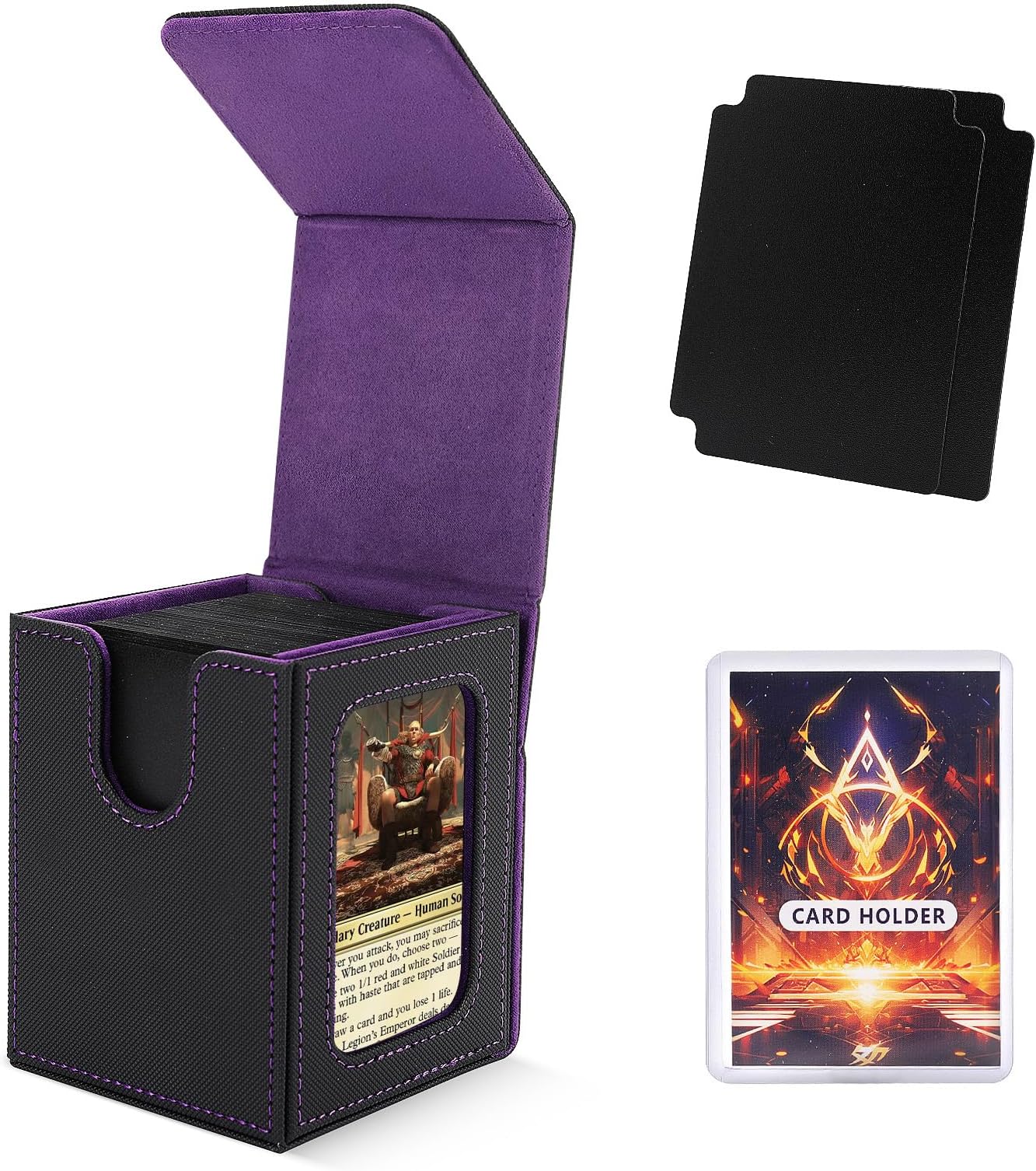 MTG Deck Box for Commander Display,Card Deck Case Fits 100 Double Sleeved Cards, Magic Commander TCG Card Leather Storage Box with 2 Dividers and 1 Toploader (Black/Purple)