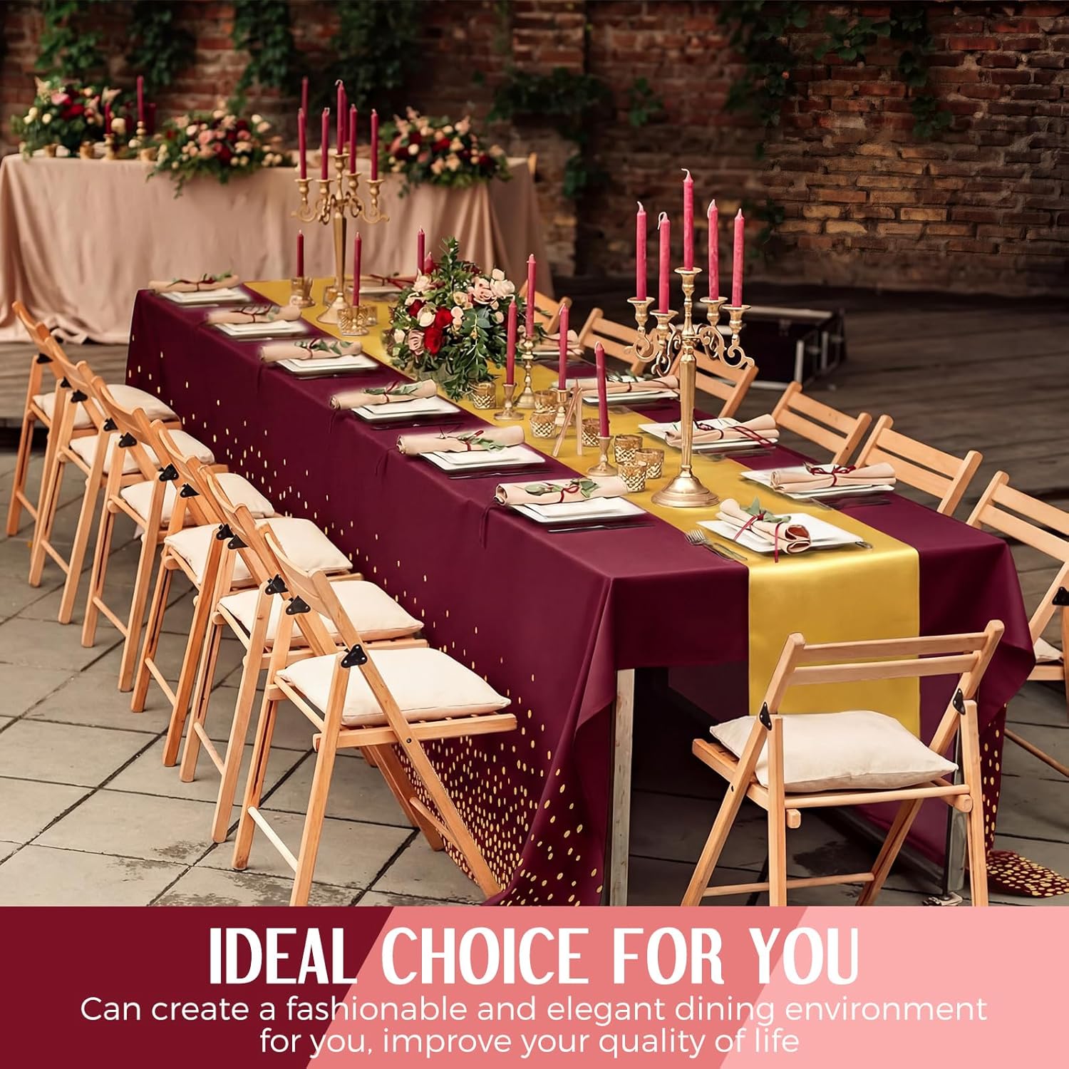 Breling 8 Pack Burgundy and Gold Disposable Plastic Tablecloths and Satin Table Runner Set, 54 x 108 Inch Tablecloth, 12 x 108 Inch Table Runners for Wedding Graduation Birthday Baby Shower