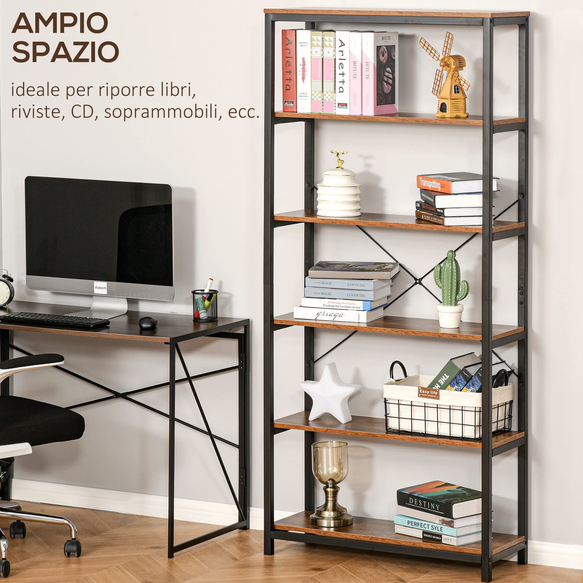 HOMCOM Libreria Verticale Industriale Vintage 6 Mensole 80x30x180cm Nero | Scaffale Salvaspazio, in Legno e Metallo