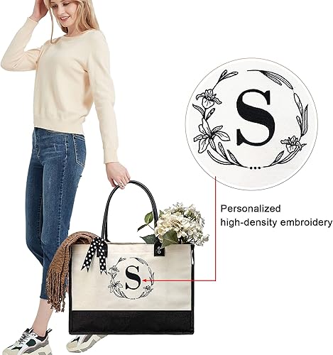 Miniatura 4 de BeeGreen Bolsas de lona con iniciales, regalo de cumpleaños personalizado para mujer, monograma bordado con mango de cuero