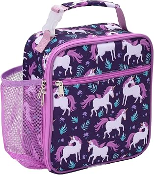 Bagseri Kids Lunch Box for Girls - Insulated Toddler Lunch Bag Fits Bento Box, Reusable Daycare Cooler Tote with Clip Handle, Water-Resistant Lining, Deep Purple Unicorn