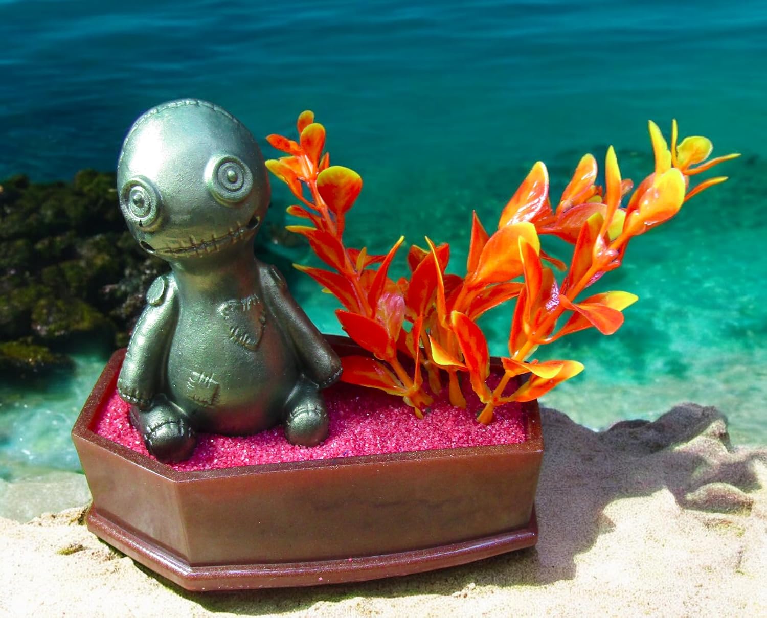 Handmade Voodoo Doll Coffin Aquarium Decoration with Artificial Plant. Gothic Halloween Fish Tank Decor Ornament.