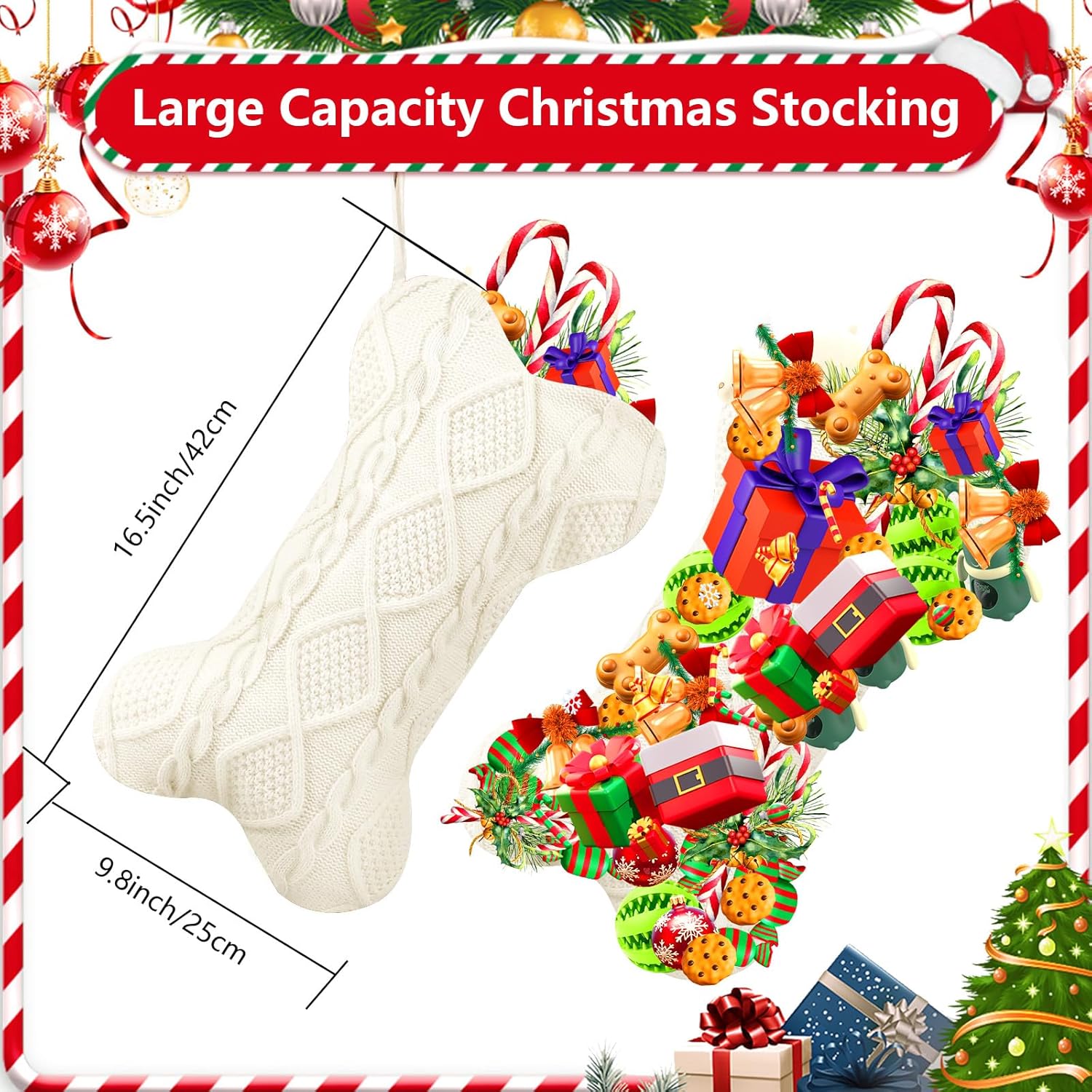 Dog Bone Stockings Christmas 3 Pack- White Knit Christmas Stocking for Dog, Large Dog Bone Stocking for Christmas, Hanging Dog Stocking for Holiday Christmas Party Decorations(3, White)
