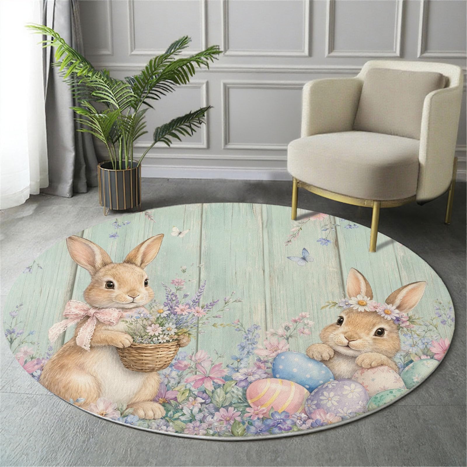 Tapis Rond Lavable Antidérapant Lapin De Pâques Mignon | Campagne Fleurs Grain De Bois Rond Tapis 120 Cm Doux Poil Ras Pour Salon Chambre Bureau, Vert Menthe Moquette Circulaire