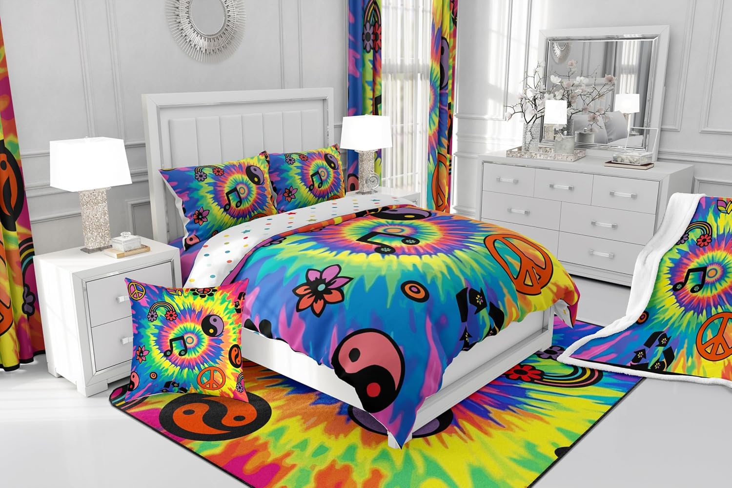 Erosebridal Retro 60s 70s Groovy Flower Bedding Set Queen,Rainbow Peace Sign Swirl Tie Dye Comforter Set Mens Women's Halloween Floral 1960's 1970's Hippie Duvet Insert Rural Pastoral Room Decor