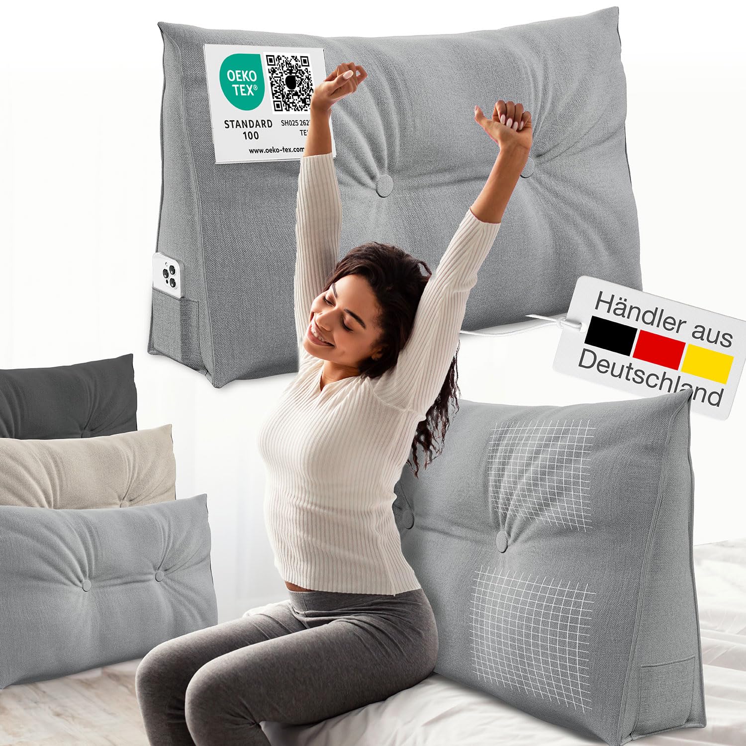 ELONEO Rückenkissen 70 cm breit, Keilkissen für Bett und Sofa geeignet, dreieckiges Lesekissen, Kissen mit abnehmbarem und waschbarem Bezug, mit praktischem Seitenfach