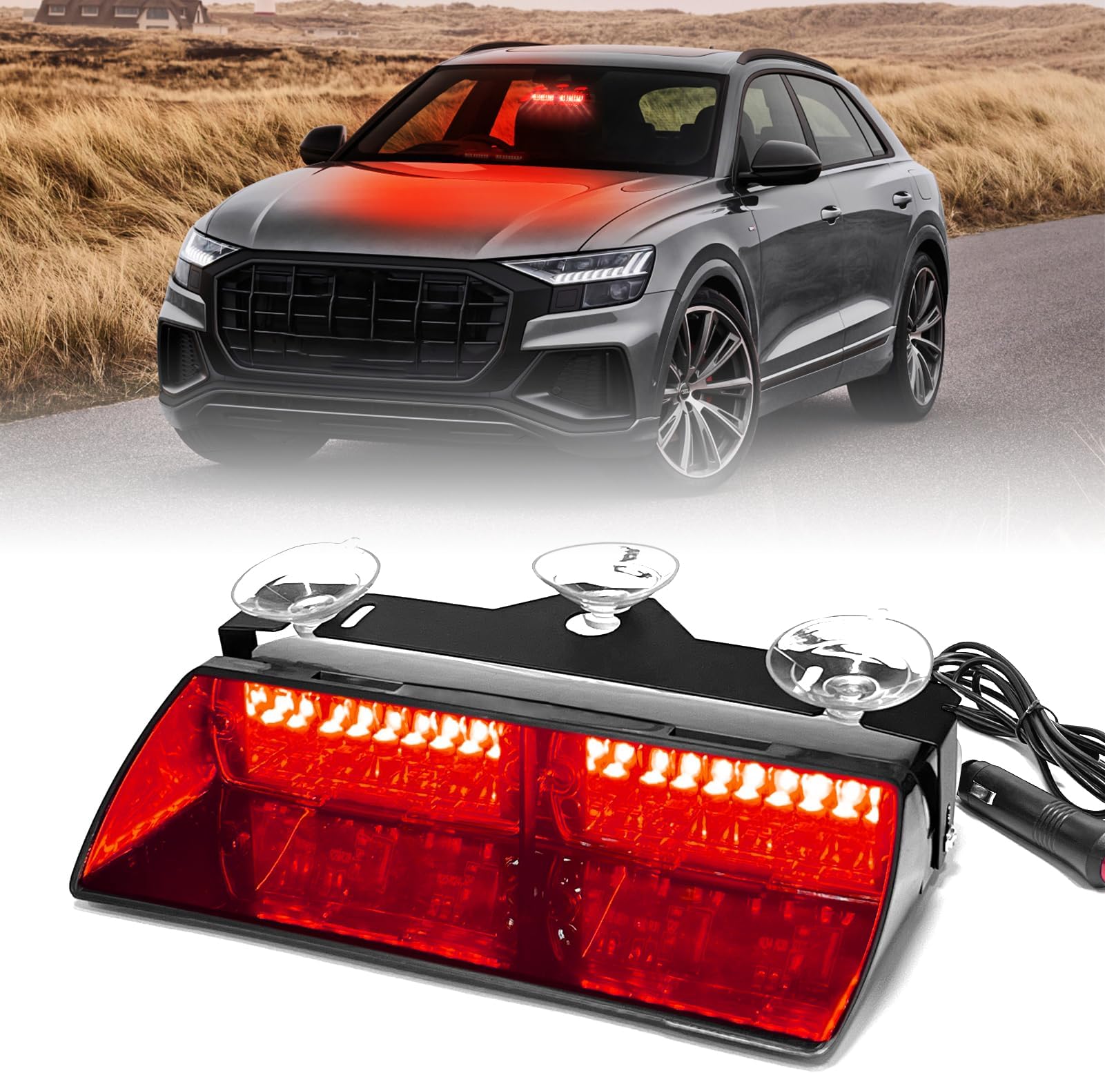 DIBMS LED Emergency Dash Strobe Light for Interior Windshield with Suction Cups, 16 LEDs 18 Mode Hazard Warning Flash for Police Fire Truck Security Vehicle (Red)