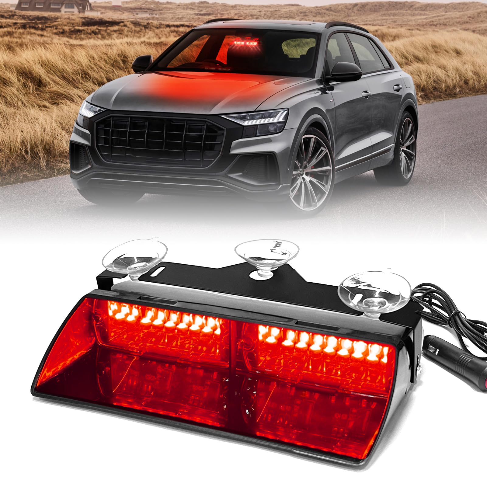 LED Emergency Dash Strobe Light for Interior Windshield with Suction Cups, 16 LEDs 18 Mode Hazard Warning Flash for Police Fire Truck Security Vehicle (Red)
