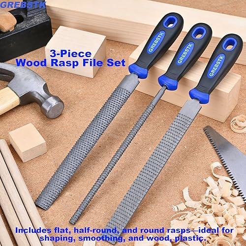 Miniatura 8 de GREBSTK Juego de limas de madera de 12 pulgadas con agarre de goma, raspador de corte de madera, juego de 3 piezas, redondo, medio redondo, raspa