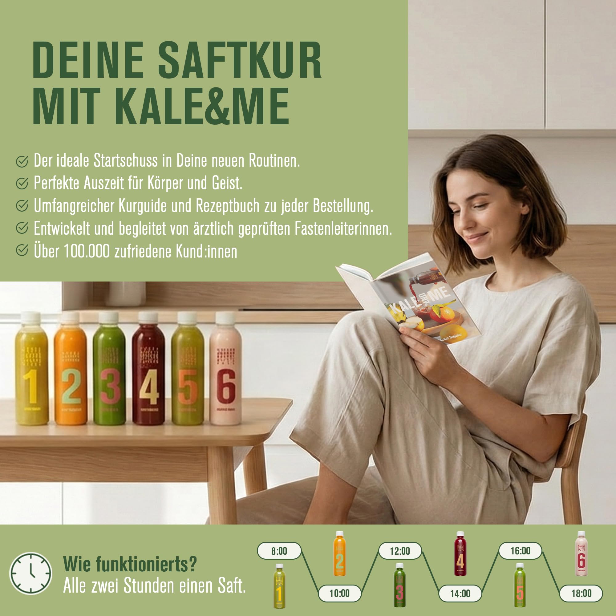 Kale&Me Saftkur Klassik 7 Tage – 42 nummerierte Flaschen mit je 320 ml – 6 verschiedene kaltgepresste Säfte – vegan, ohne Zusatz- & Konservierungsstoffe – 689 kcal pro Tag – mit Kurguide